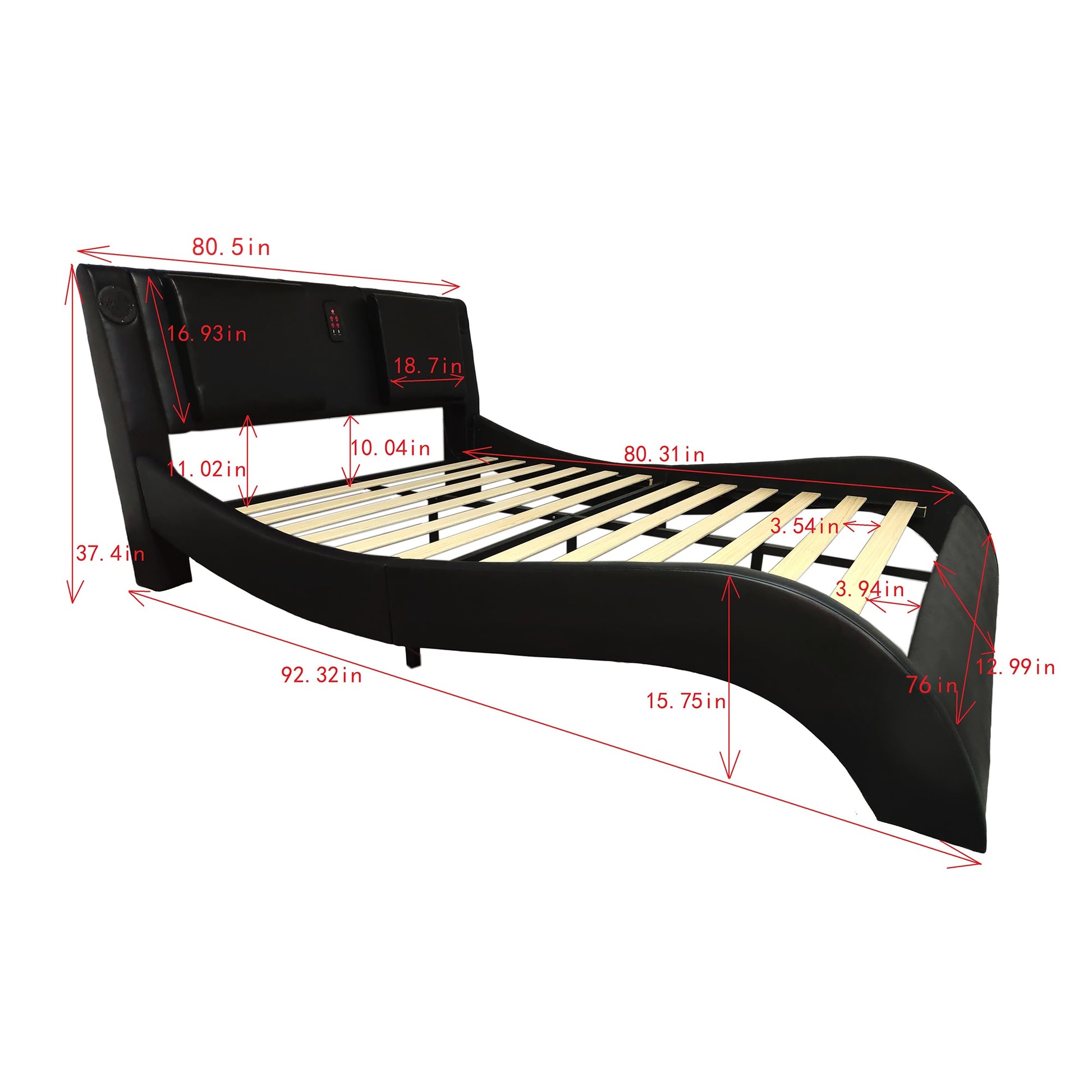 Faux Leather Upholstered Platform Bed Frame With Led Lighting, Bluetooth Connection To Play Music Control, Backrest Vibration Massage, Curve Design, Wood Slat Support, Exhibited Speakers,King Size Box Spring Not Required King Black Mdf