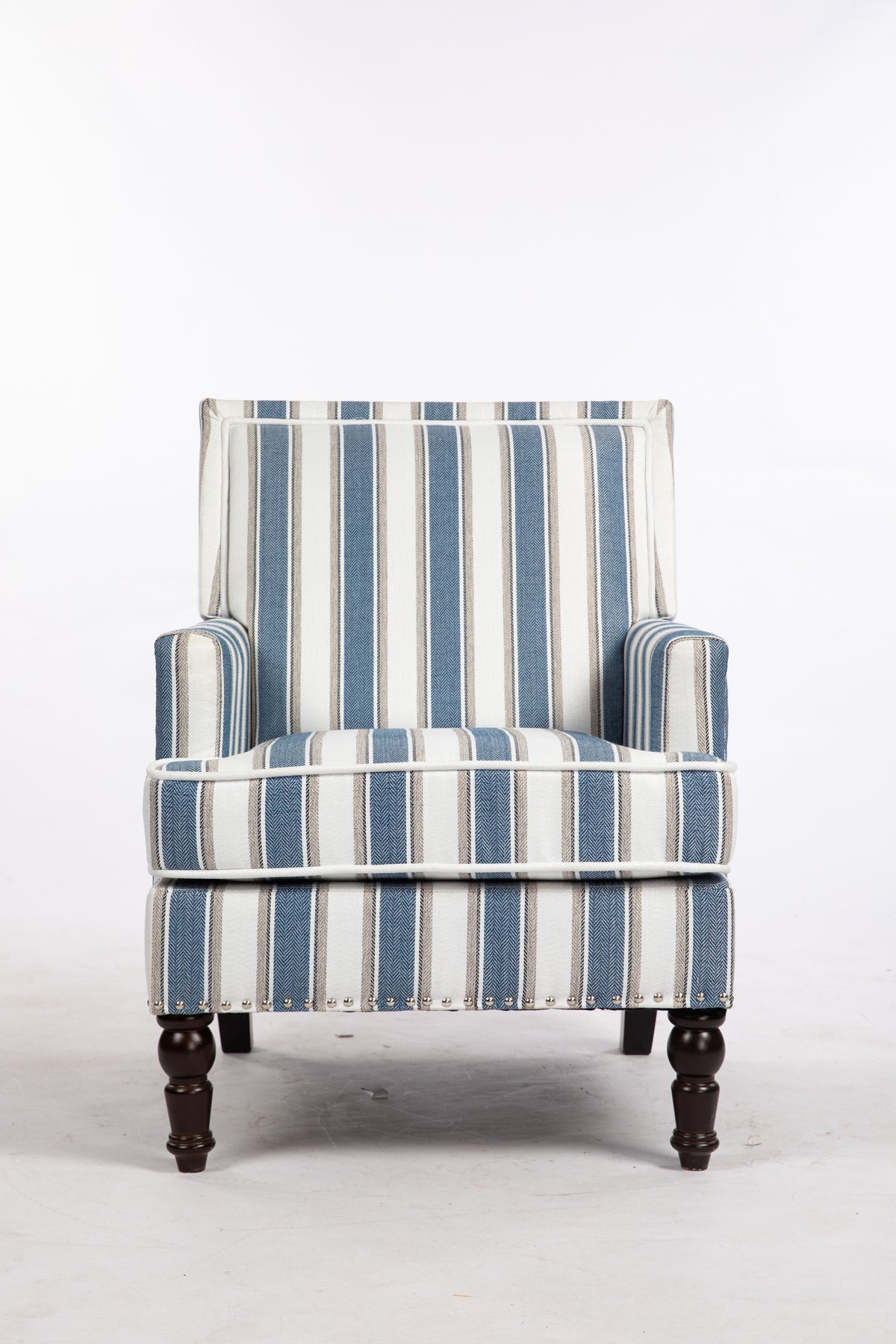 Upholstered Accent Chair, Vintage Armchair With Blue And White Striped Linen Fabric And Trim For Living Room Blue Cotton
