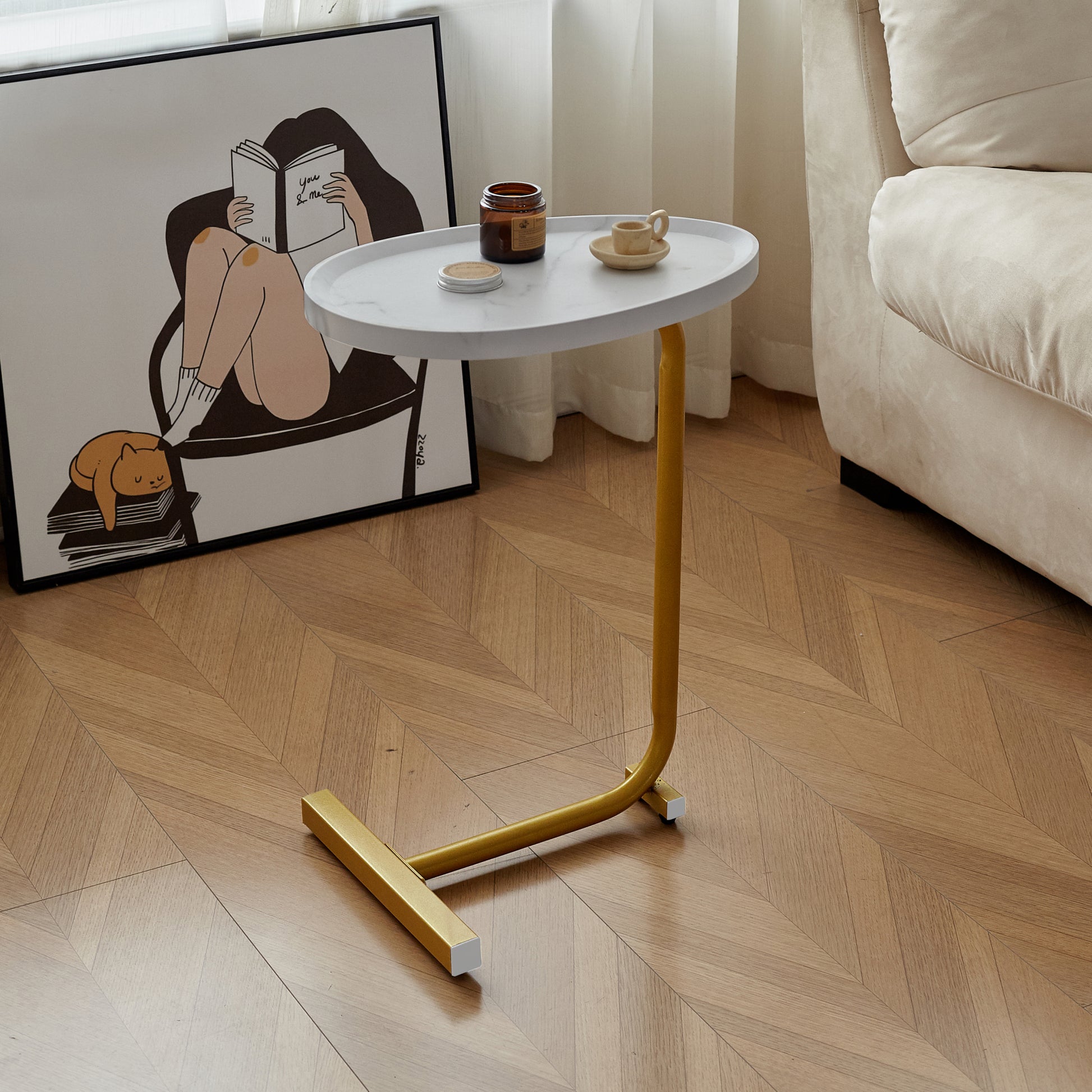 2 Pieces White C Shaped Side Table, C Shaped End Table, Side Table For Couch And Bed, Small Side Table For Small Spaces White Metal