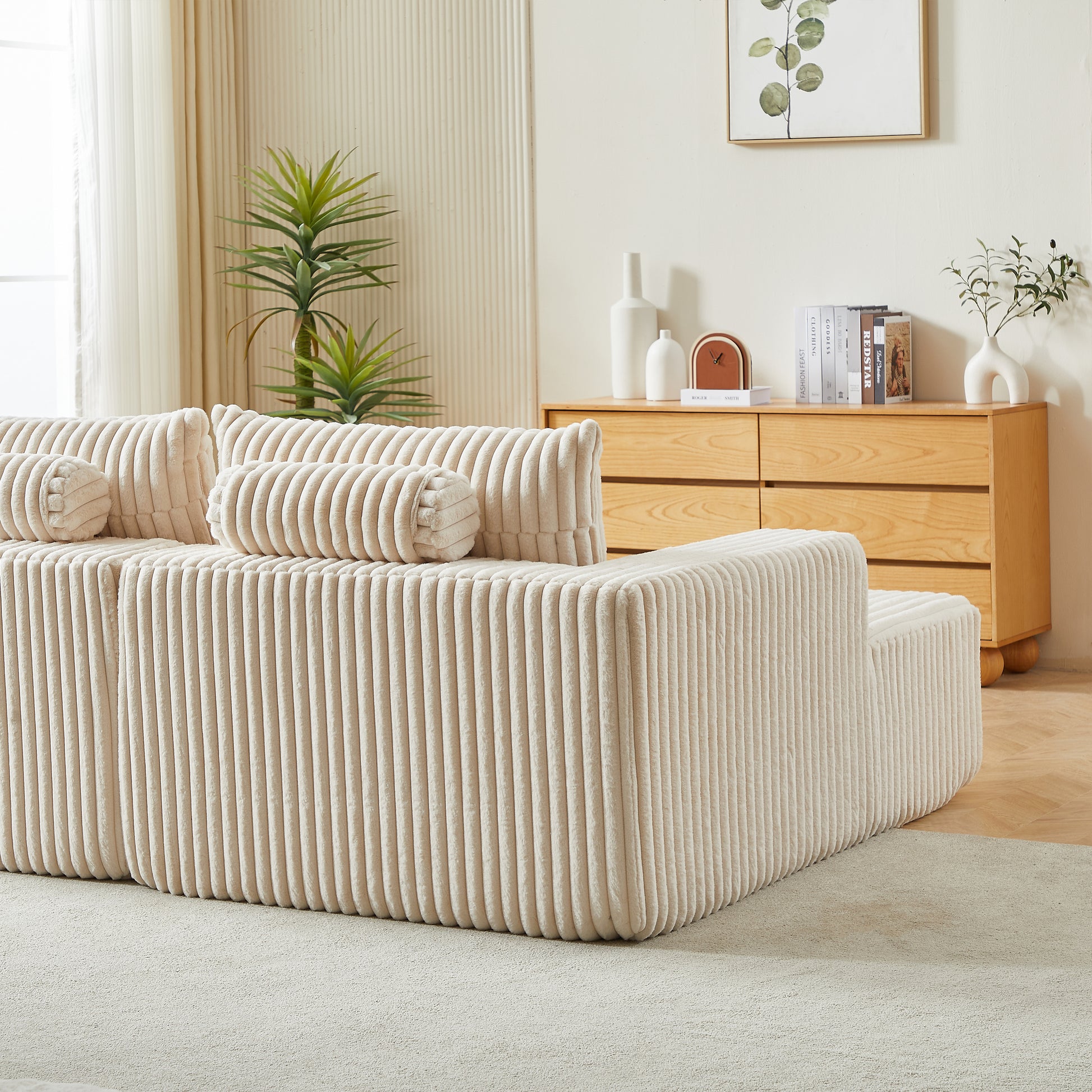 87" Oversized Sectional Lounge Chaise,No Assembly Required,Cloud Plush Loveseat With Reclining Sofa Bed,Fluffy Modern Sleeper Chair For Indoor Living Room Bedroom Beige Corduroy 2 Seat