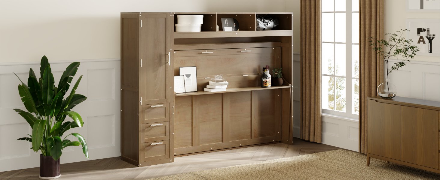 Full Size Murphy Bed With Wardrobe, Drawers And Open Shelves, Antique Wood Box Spring Not Required Full Wood Wood Murphy Solid Wood Mdf