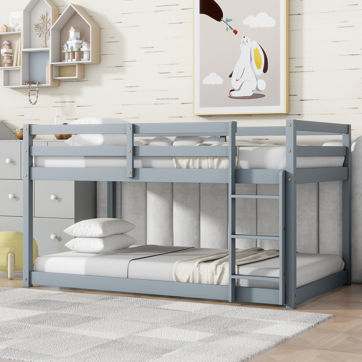 Solid Woodensolid Rubber Wooden Twin Over Twin Loft Bed With Ladder ,Upper And Bottom Bed Platforms Crafted With Strengthened Slats ,Grey Twin Grey Rubber Wood