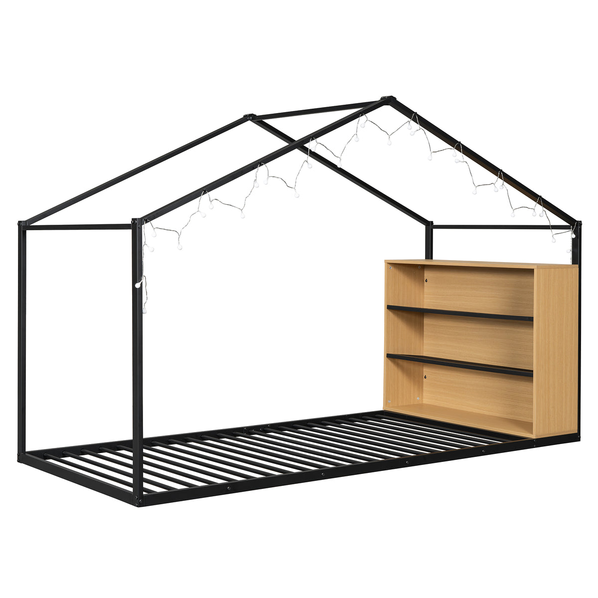 Twin Size Metal Bed House Bed Frame With Shelves And Lights, Black Twin Black Metal & Wood