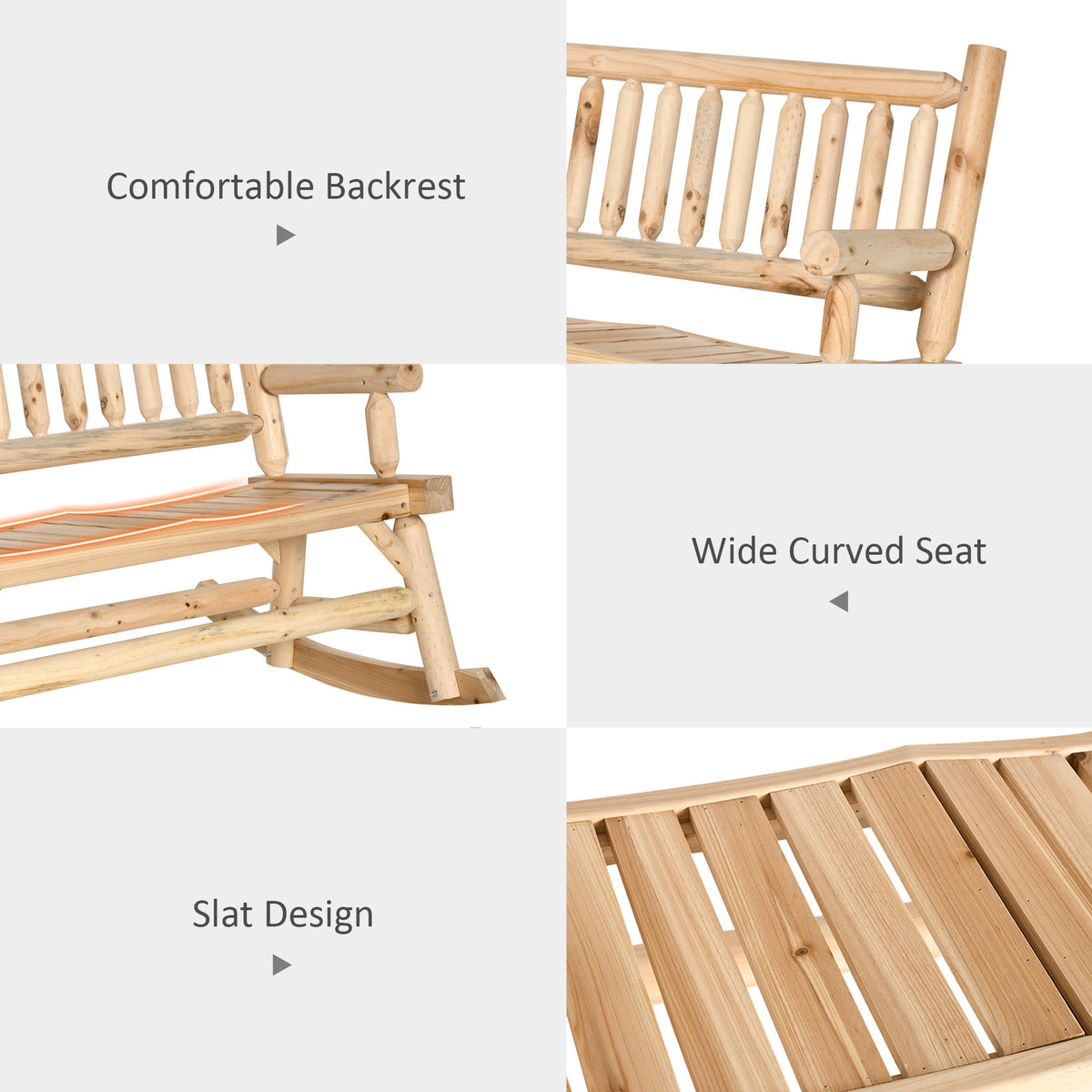 Outsunny 2 Person Wood Rocking Chair With Log Design, Heavy Duty Loveseat With Wide Curved Seats For Patio, Backyard, Garden, Natural Natural Wood Wood