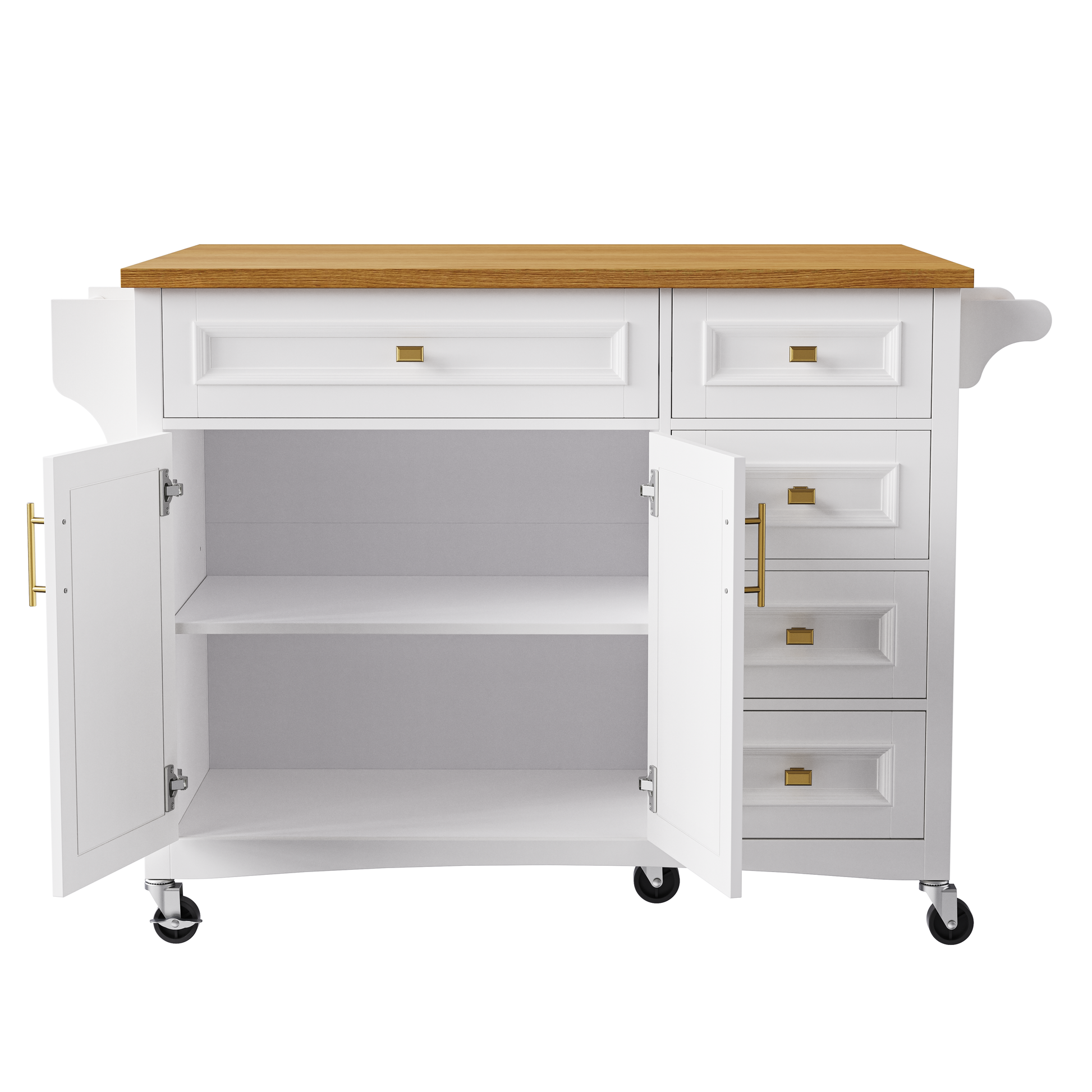K&K 52'' Kitchen Island With Drop Leaf, Embossed Texture Kitchen Island On Wheels With Spice Rack, Towel Rack, 2 Doors And 5 Drawers, Kitchen Storage Cart With Adjustable Shelf For Kitchen, White