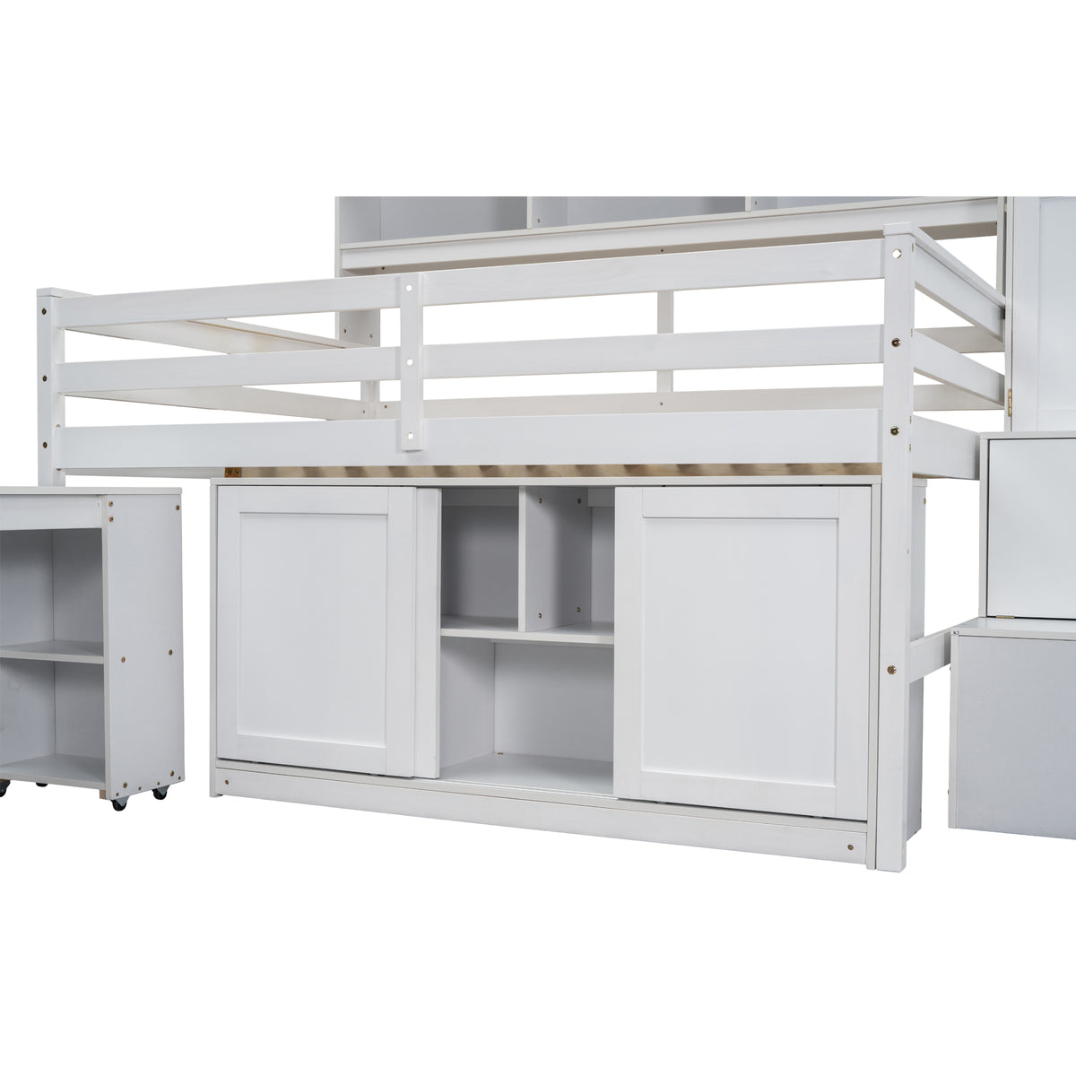 Full Size Wooden Loft Bed Big Storage With Under Bed Desk, With Drawers, With Shelves, White Full White Plywood