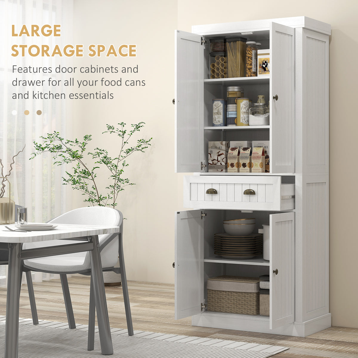 Homcom 72" Farmhouse Kitchen Pantry Cabinet, Freestanding Tall Storage Cabinet With 4 Soft Close Doors, 2 Adjustable Shelves And Drawer For Dining Room, Distressed White White Mdf