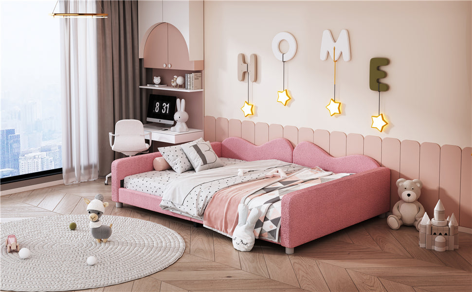 Full Size Upholstered Daybed, Sherpa Fabric Sofabed With Cloud Shaped Backrest, No Box Spring Needed, Pink Full Pink Wood Fabric