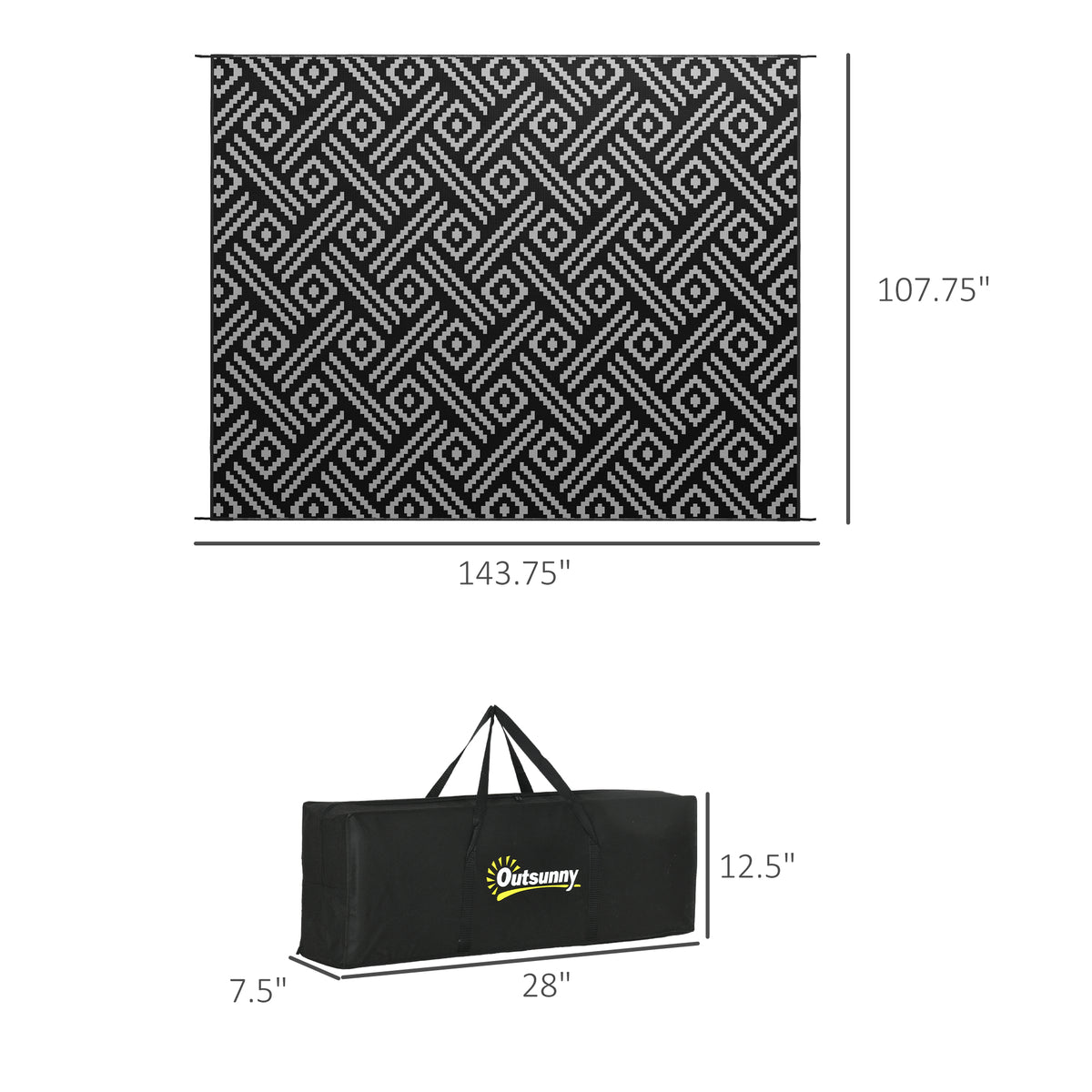 Outsunny Reversible Outdoor Rug, 9' X 12' Waterproof Plastic Straw Floor Mat, Portable Rv Camping Carpet With Carry Bag, Large Floor Mat For Backyard, Deck, Picnic, Beach, Black & Gray Geometric Multicolor Polypropylene