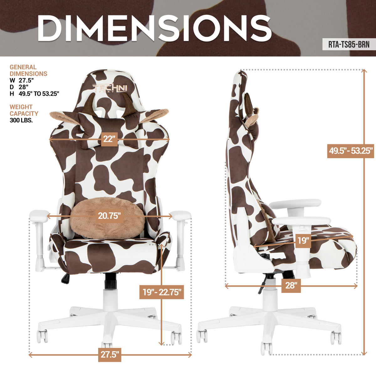 Techni Sport Ts85 Brown Cow Series Gaming Chair Caster Nylon Brown Office Spot Clean Rectangular Modern Handle Office Chairs Solid Back Fabric Metal