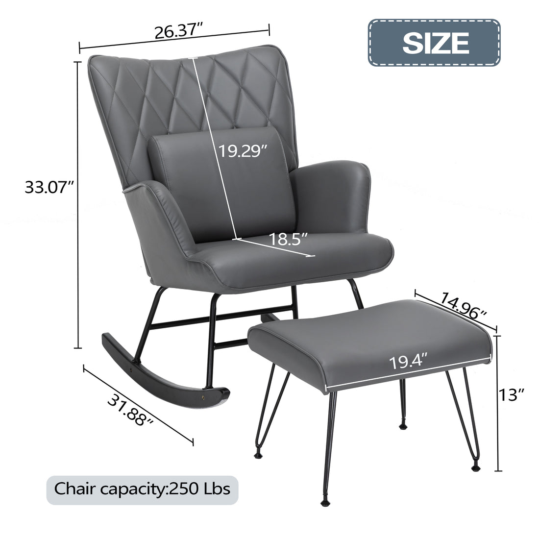 Rocking Chair, Glider Chair,Rocking Accent Chair With Lumbar Pillow And Ottoman For Nursery Living Room Bedroom Grey Pu