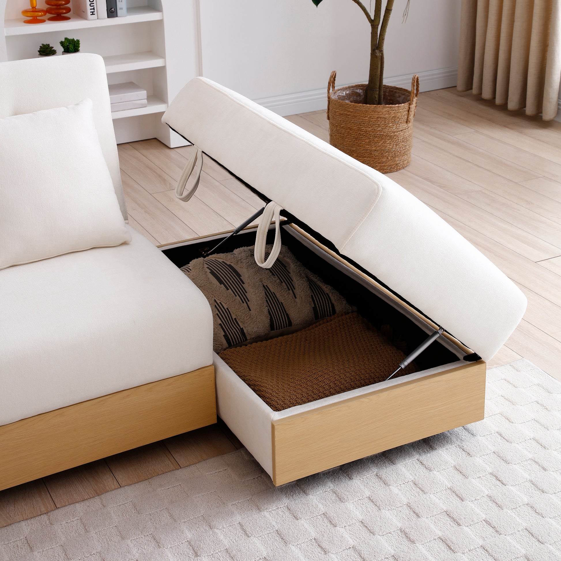 Convertible Sleeper Sofa Couch,Multifunctional Double Folding Sofa Bed,Storage Ottoman And Sofa Arm With Box And Drawer, Drop Down Table With 2Cup Holders For Living Room,Apartment,Office,Beige Beige Linen Wood Primary Living Space Modern Foam Cotton
