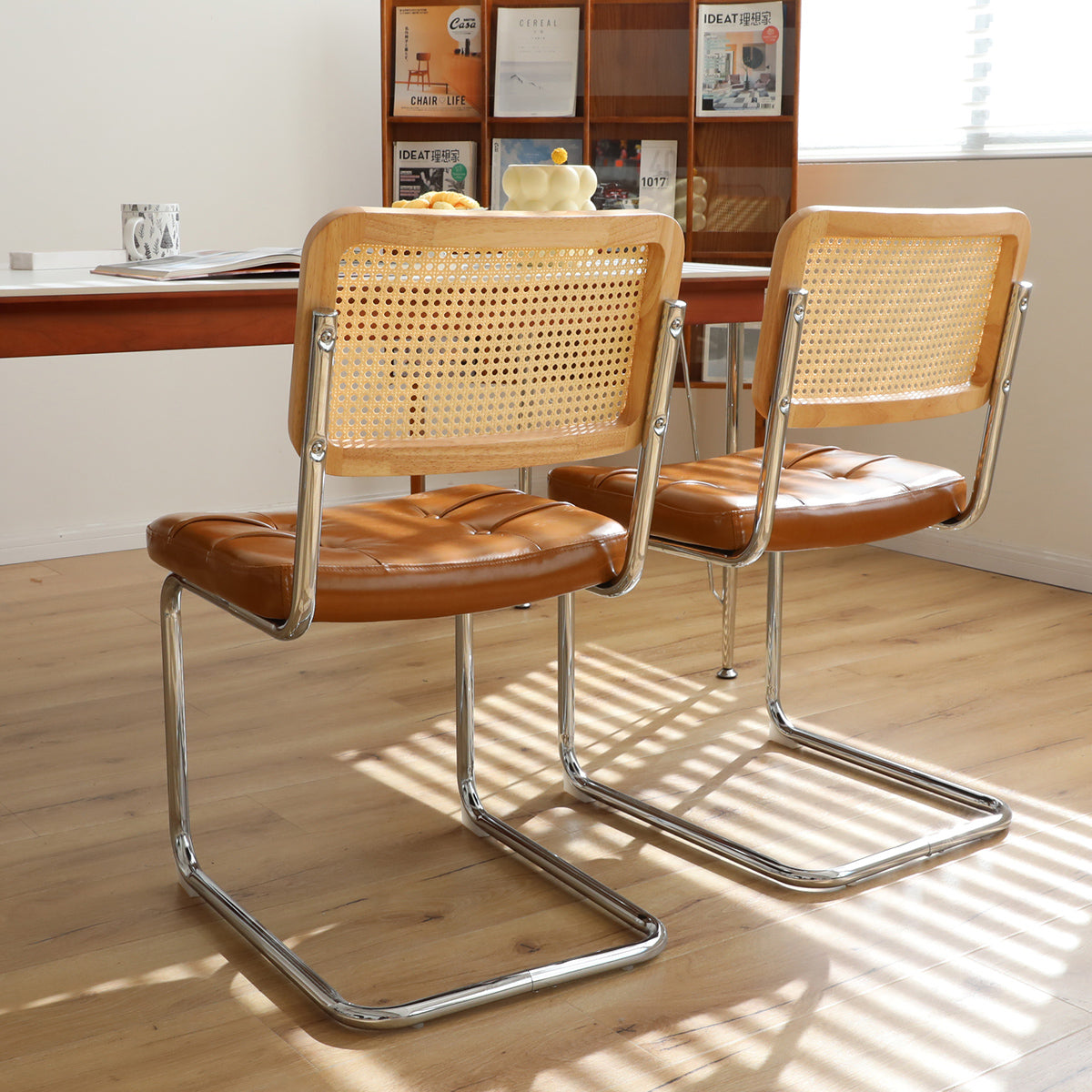 Dining Chairs Set Of 2, Fauex Leather Rattan Side Accent Chairs With Chrome Legs, Modern Mid Century Breuer Designed Chairs, Upholstered Dining Living Room Kitchen Chairs Brown 2Pcs Brown Faux