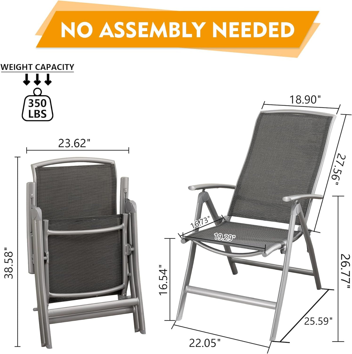 Patio Folding Chairs Set Of 2, Aluminium Frame Outdoor Reclining Patio Chairs For Garden Camping Poolside Beach Deck, Adjustable High Back Lawn Chairs With Textilene Fabric Seat, Dark Gray Dark Gray Aluminium
