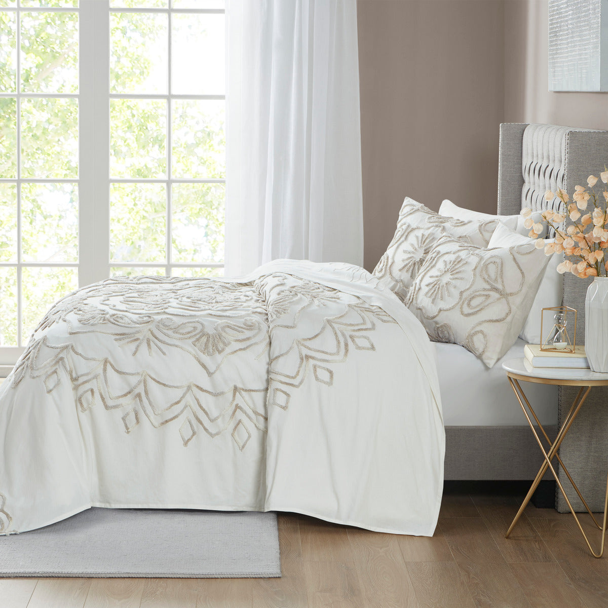 3 Piece Tufted Cotton Chenille Coverlet Set Ivory Taupe Full Queen Ivory Taupe Cotton