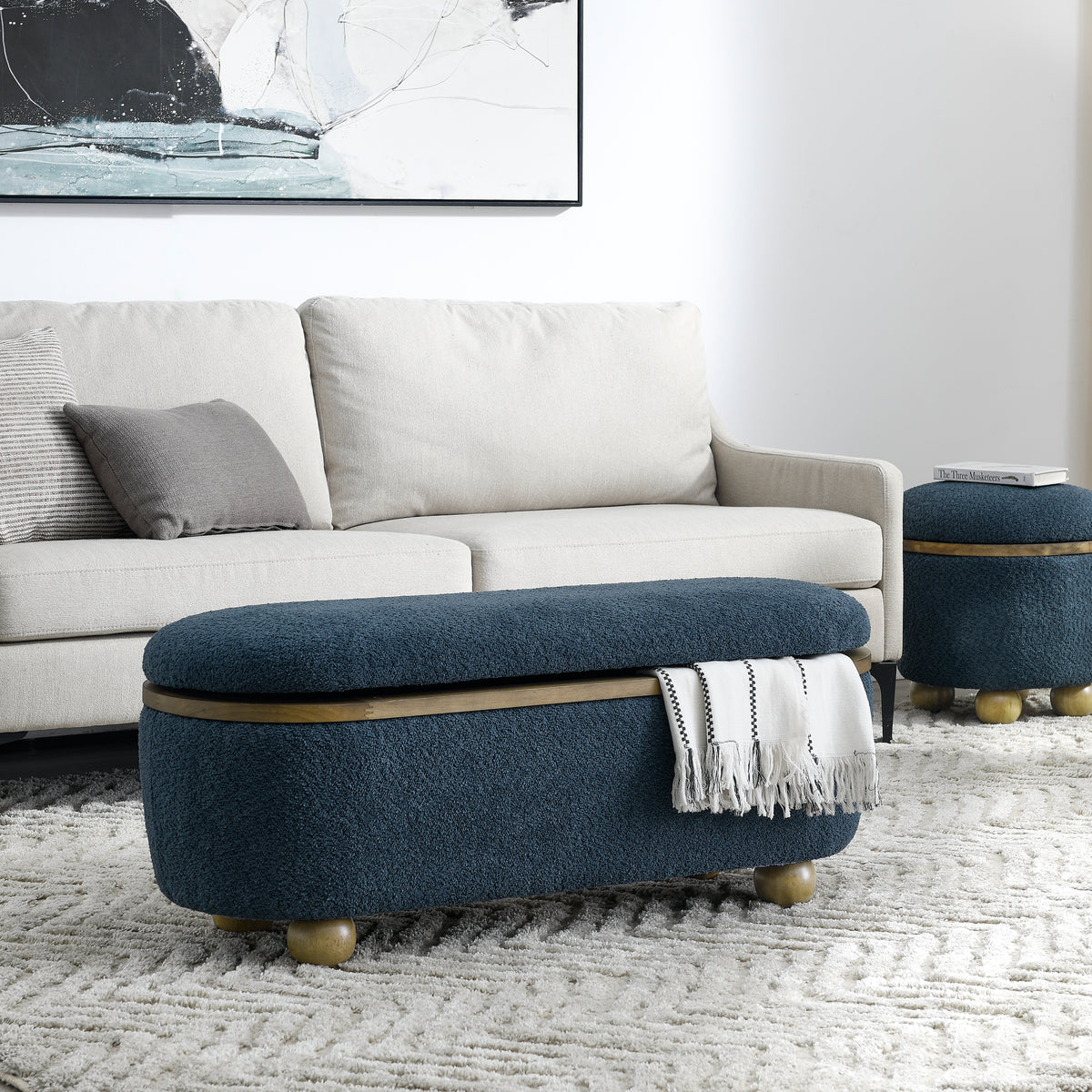 Storage Ottoman Bench, Upholstered End Of Bed Ottoman Bench With Storage And Seating, Large Blanket Storage Bench For Foot Rest In Bedroom, Living Room, Entryway, Dark Blue Dark Blue Foam