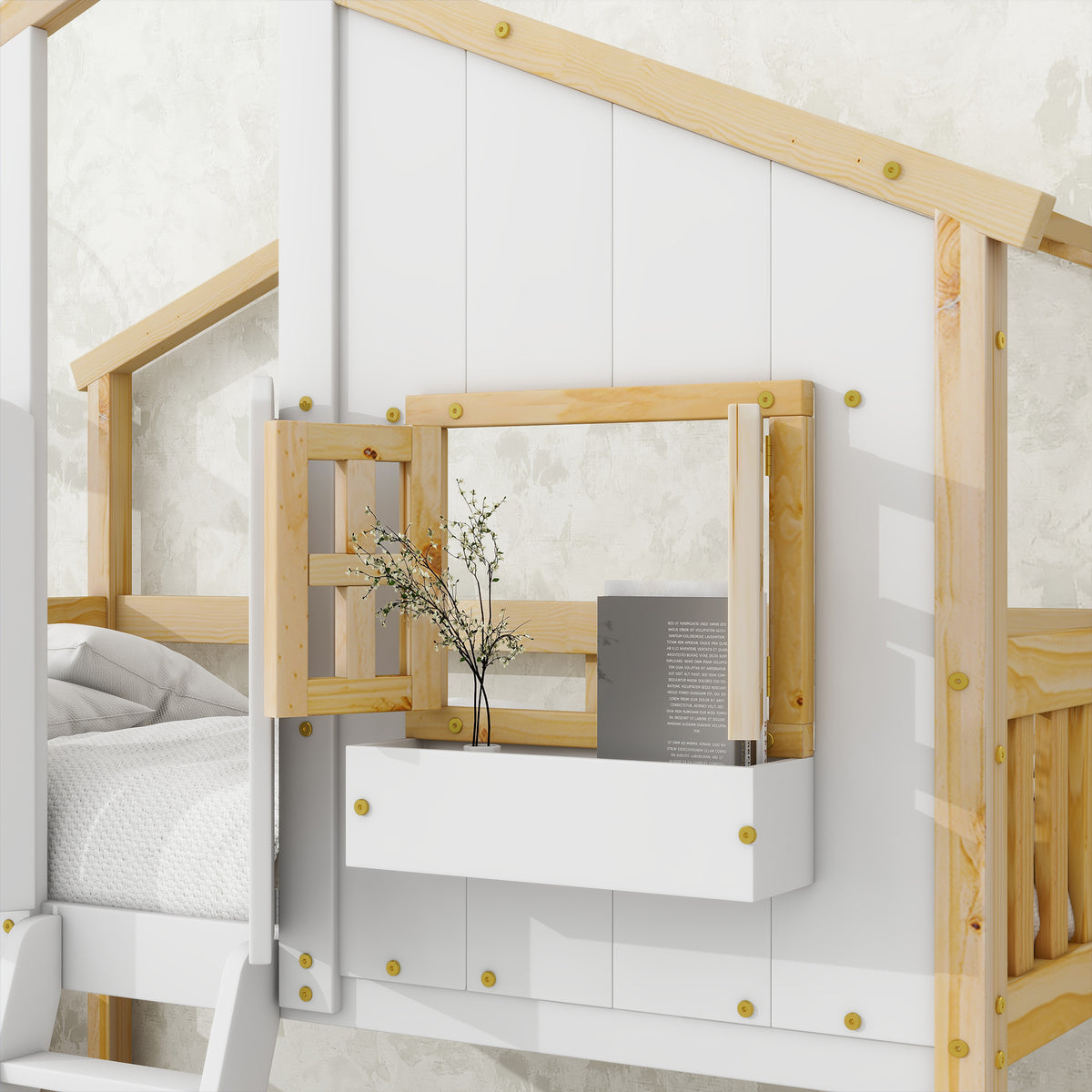 Twin Over Twin House Bunk Bed With Roofwindow, Window Box, Doorwith Safety Guardrails And Ladder, Natural White Twin Natural White Pine