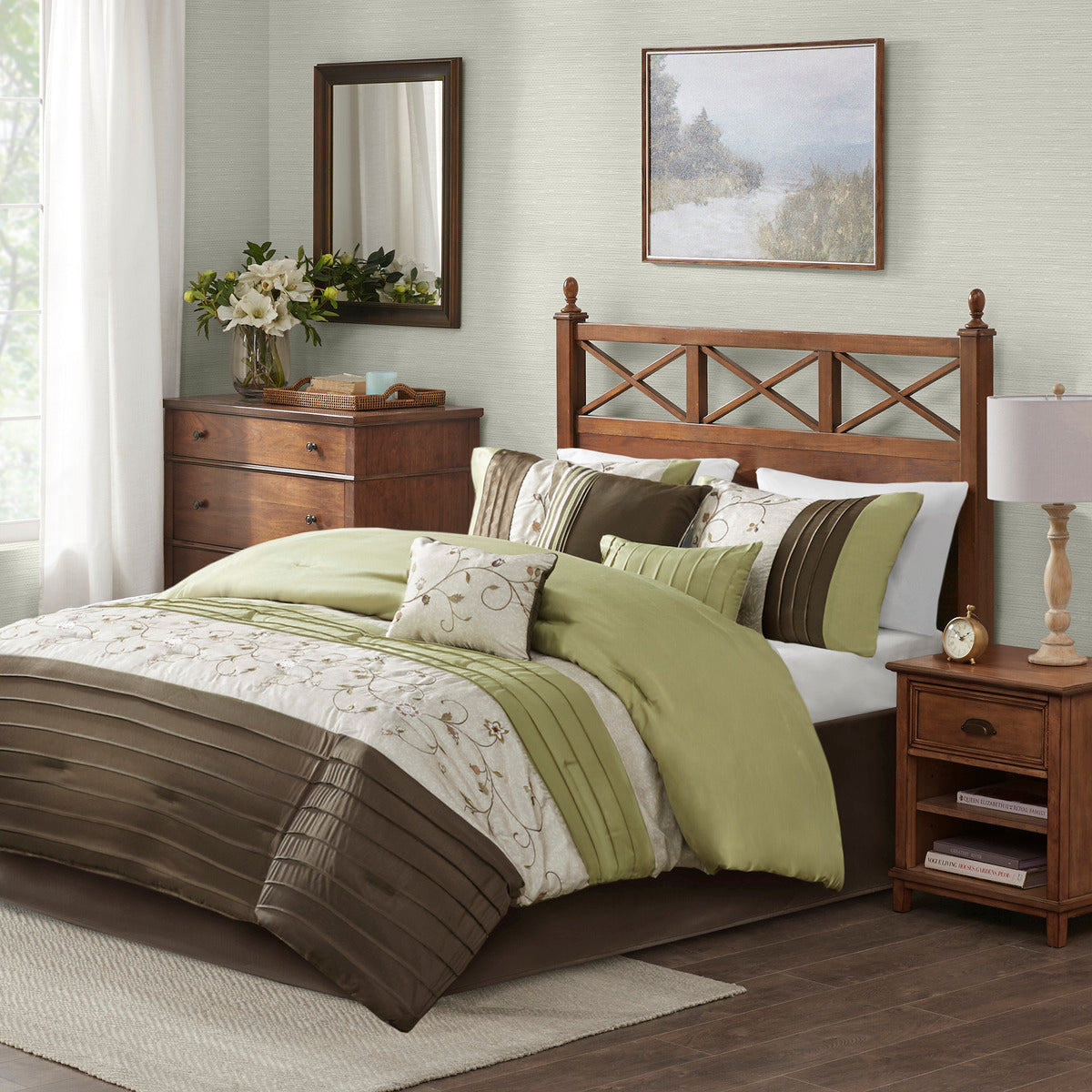 Embroidered 7 Piece Comforter Set Green Queen Queen Green Polyester