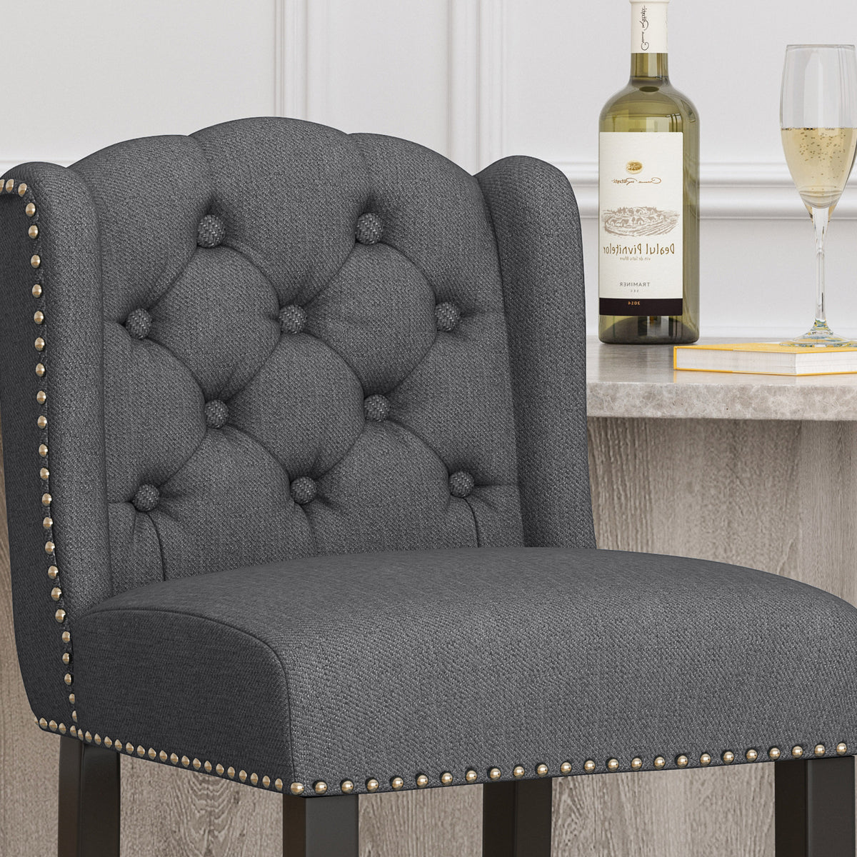 Vienna Contemporary Fabric Tufted Wingback 31 Inch Counter Stools, Set Of 2, Charcoal And Dark Brown Charcoal Fabric