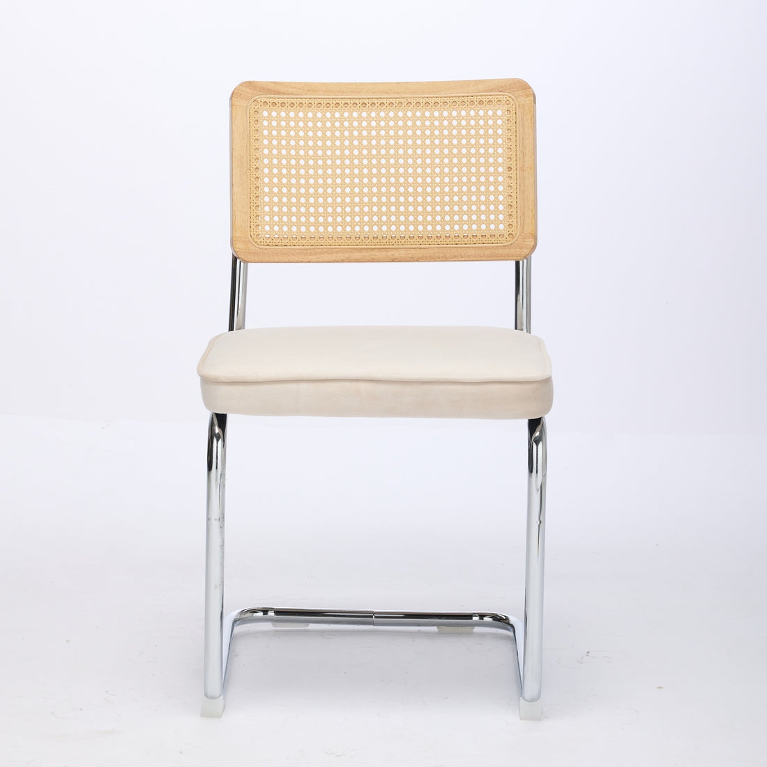 Mid Century Modern Dining Chairs Set Of 2, Velvet Accent Chairs With Natural Cane Back & Stainless Chrome Base, Famous Breuer Designed Chairs, Upholstered Rattan Kitchen Chairs,Beige Beige Dining Room Classic Dining Chairs Rubberwood Set Of 2 Foam Velvet