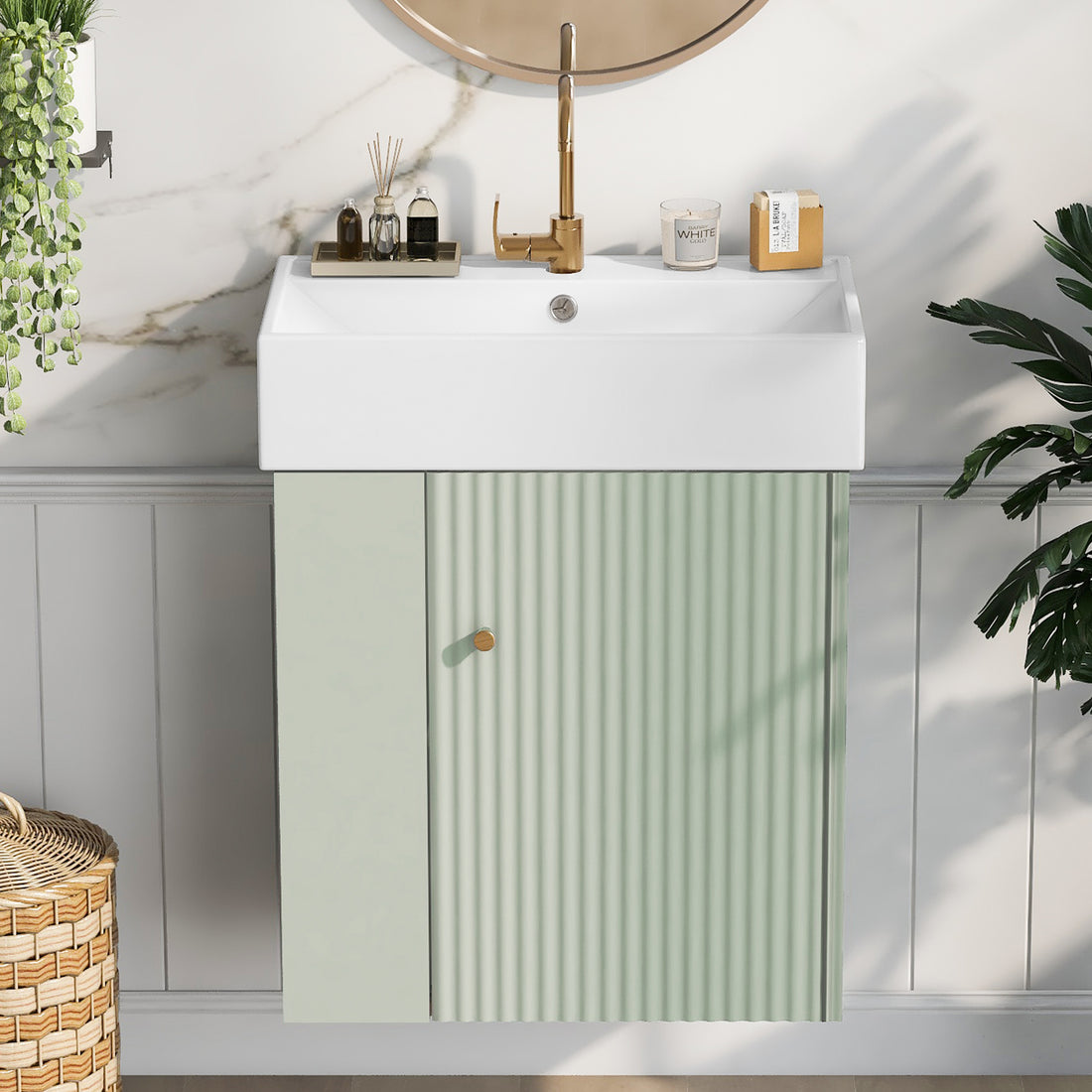 Video 21.6 Inch Modern Floating Bathroom Vanity With Ceramic Basin Perfect For Small Bathrooms, Left Side Storage Green Bathroom Ceramic Mdf