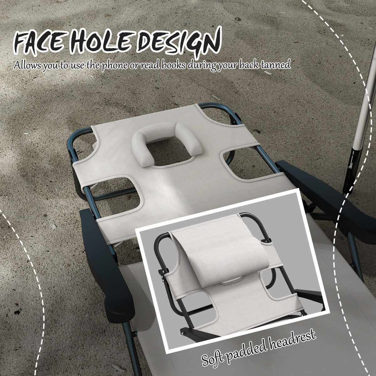 Outsunny Tanning Chaise Lounge Chair, 4 Position Beach Chair With Face & Arm Holes, Pillow Headrest, Adjustable Sunbathing Chair, Cream White Cream White Steel