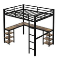 Full Xl Metal Loft Bed With Desk And Shelves, Loft Bed With Ladder And Guardrails, Loft Bed Frame For Bedroom, Black Full Xl Black Metal