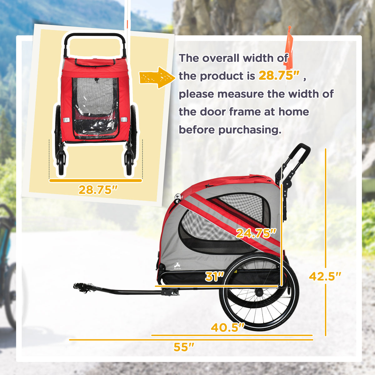 Aosom 2 In 1 Pet Bike Trailer For Small Dogs, Road Visibility Bicycle Stroller, Weather Strong Bike Wagon Trailer Sidecar Attachment, Red Red Steel