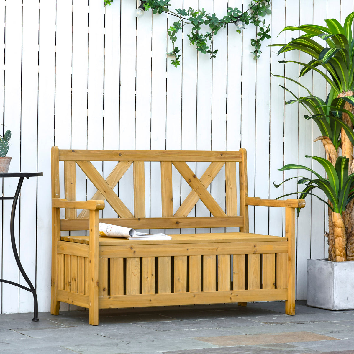 Outsunny Patio Wooden Bench With Storage Box, 29 Gallon Outdoor Storage Bench, Large Entryway Deck Box W Unique X Shape Back, For Deck, Porch & Balcony, Yellow Yellow Wood