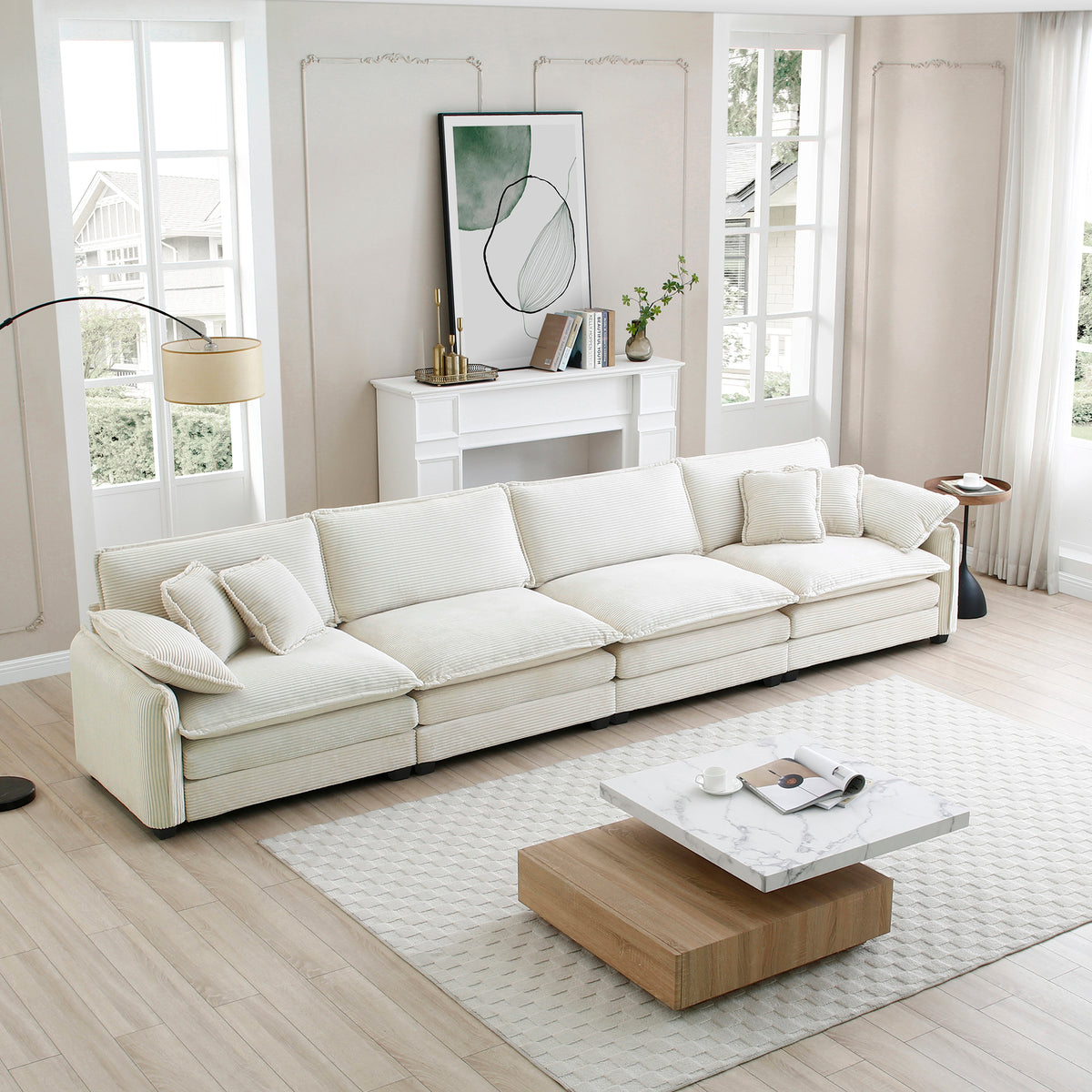Corduroy Sofamodern Upholstered 4 Seater Corduroy Fabric Sofaoffice Living Room Apartment Comfortable Sofa, Easy To Assemble With 2 Arm Pillows And 4 Throw Pillows Beige Corduroy 4 Seat