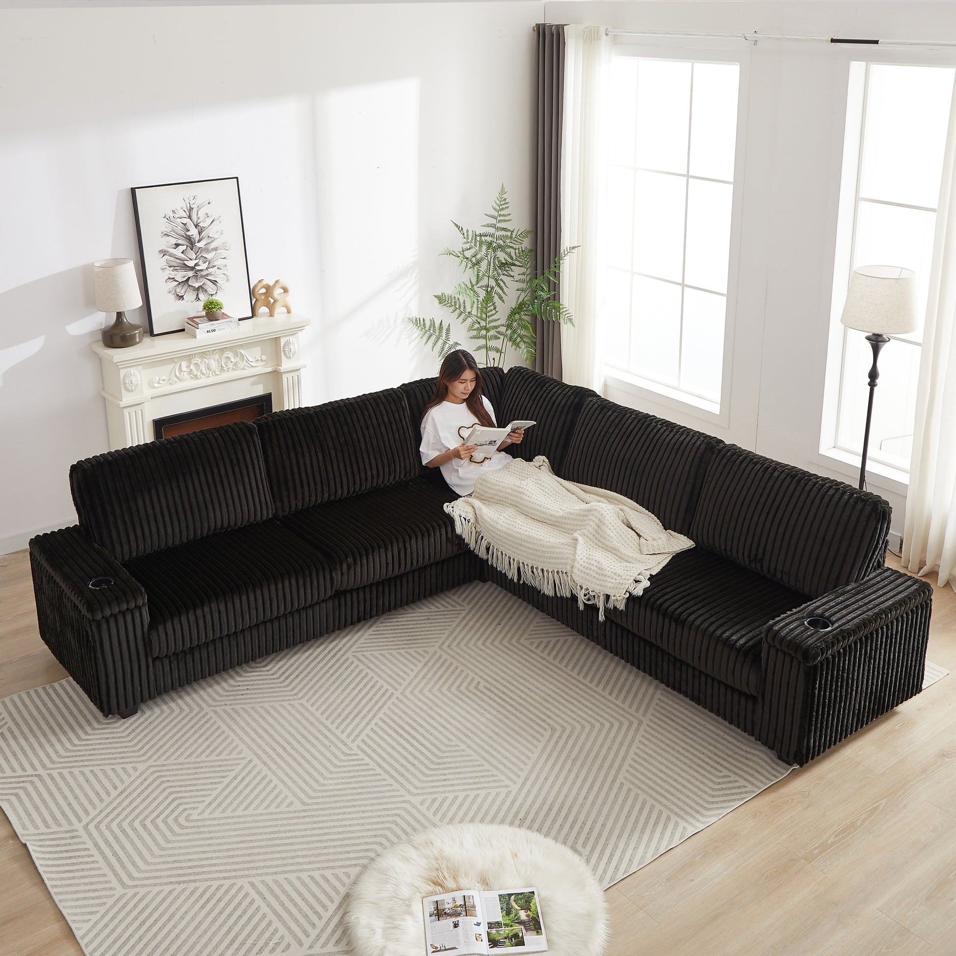 110 Inch Oversized Corduroy Corner Sofa,L Shaped Corner Couch With Two Storage Spaces,Usb Port & T Pyce Port And Cup Holderdeep Seat Comfy Upholstered Couches For Living Room Not Freely Combinable Black Corduroy 5 Seat