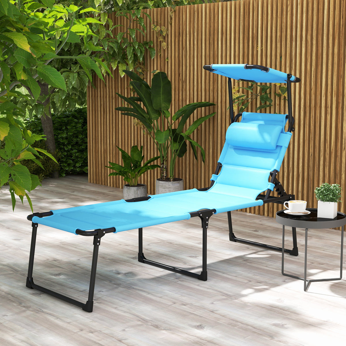Outsunny Outdoor Lounge Chair, Adjustable Backrest Folding Chaise Lounge, Cushioned Tanning Chair W Sunshade Roof & Pillow Headrest For Beach, Camping, Hiking, Light Blue Light Blue Steel
