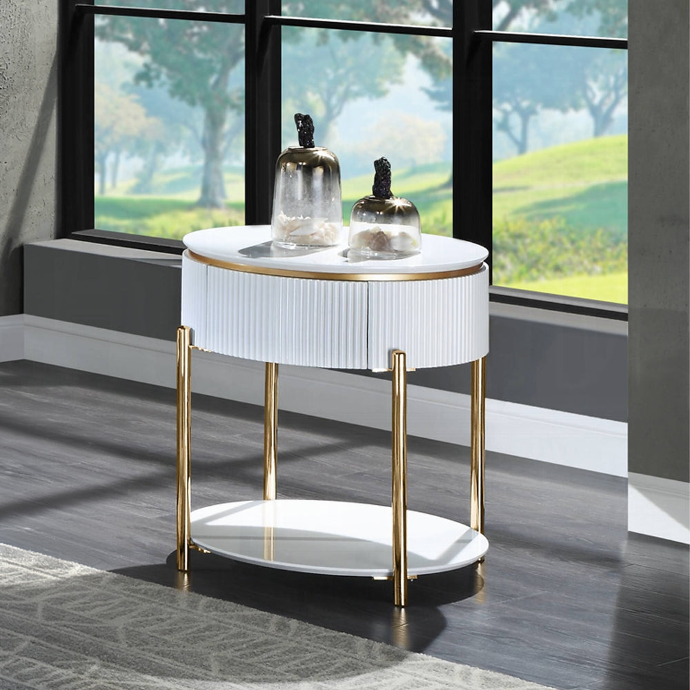 White High Gloss And Gold End Table With Metal Leg White Gold Primary Living Space Drawers Rectangular Wood Metal