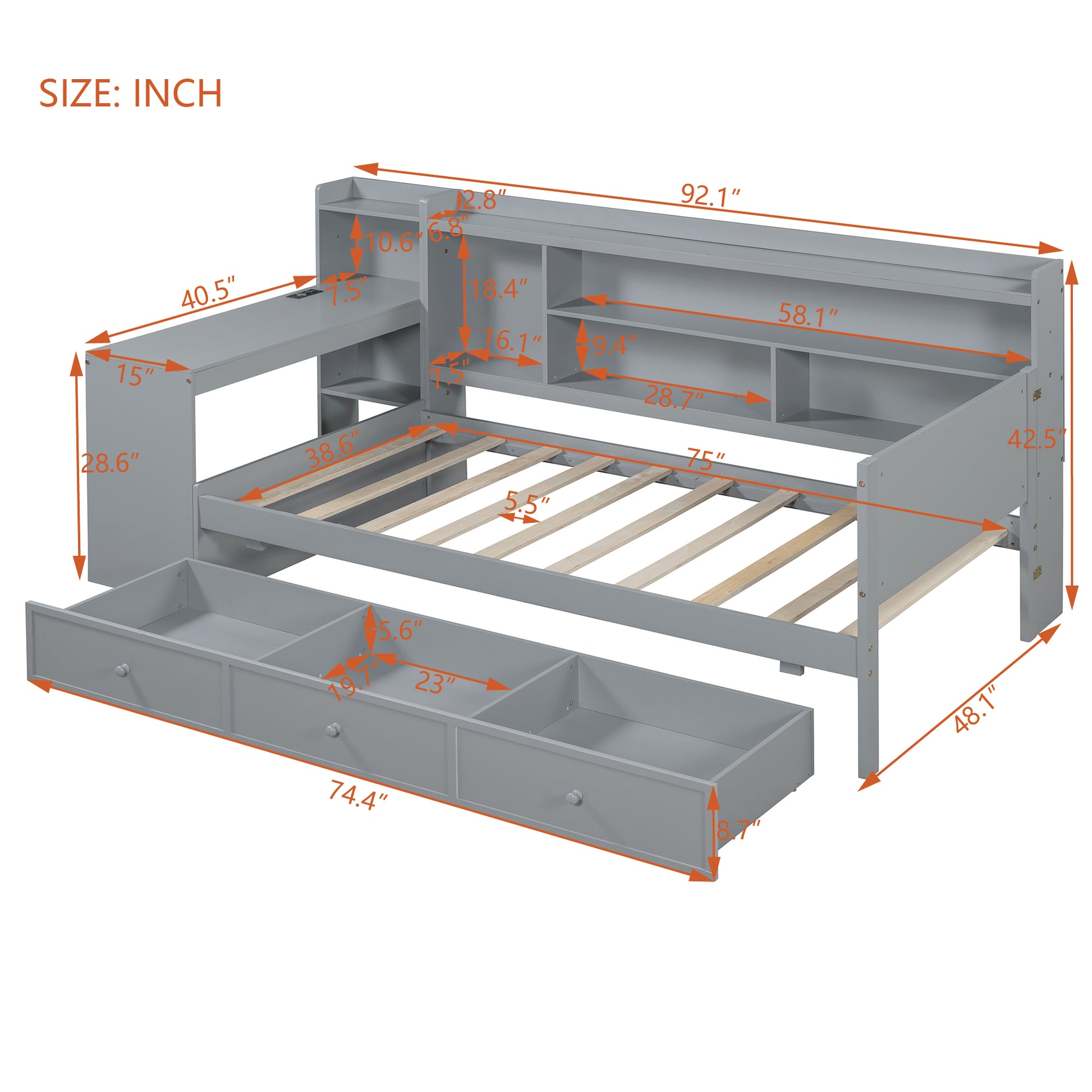 Twin Size Wooden Daybed With 3 Drawers, Usb Ports And Deskgray Twin Gray Wood