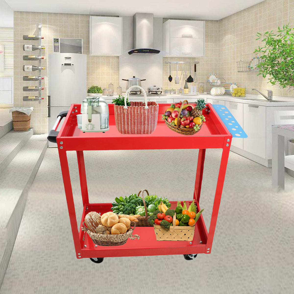 Tool Cart On Wheels, Heavy Duty Steel Utility Cart W Lockable Wheels, 400 Lbs Capacity Industrial Service Cart For Garage, Warehouse, Workshop Two Layer Bright Red Red Abs Steel Q235