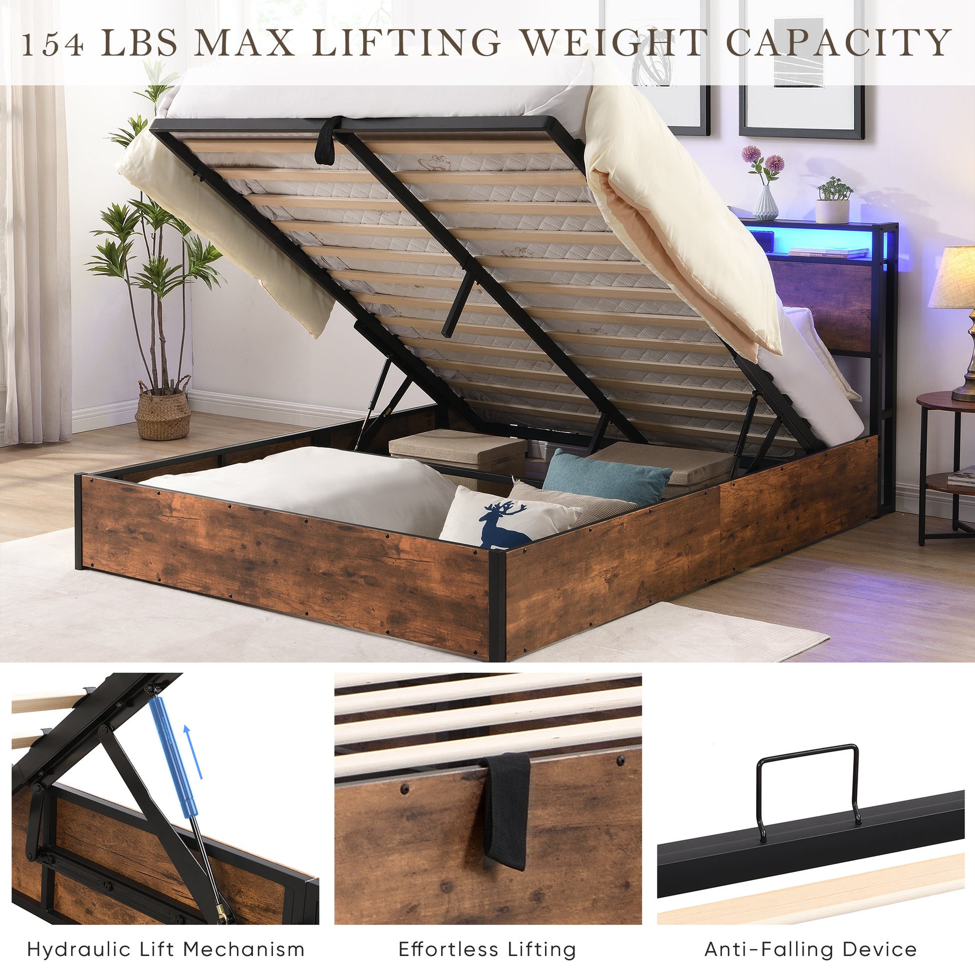 Lift Up Storage Bed Frame, Full Size Bed Frame With Bookcase Headboard & Led Lights, Wooden Platform Bed Frame With Charging Station, No Spring Box Needed, Rustic Brown Box Spring Not Required Full Rustic Brown Metal Brown Bedroom Industrial Bed Frame
