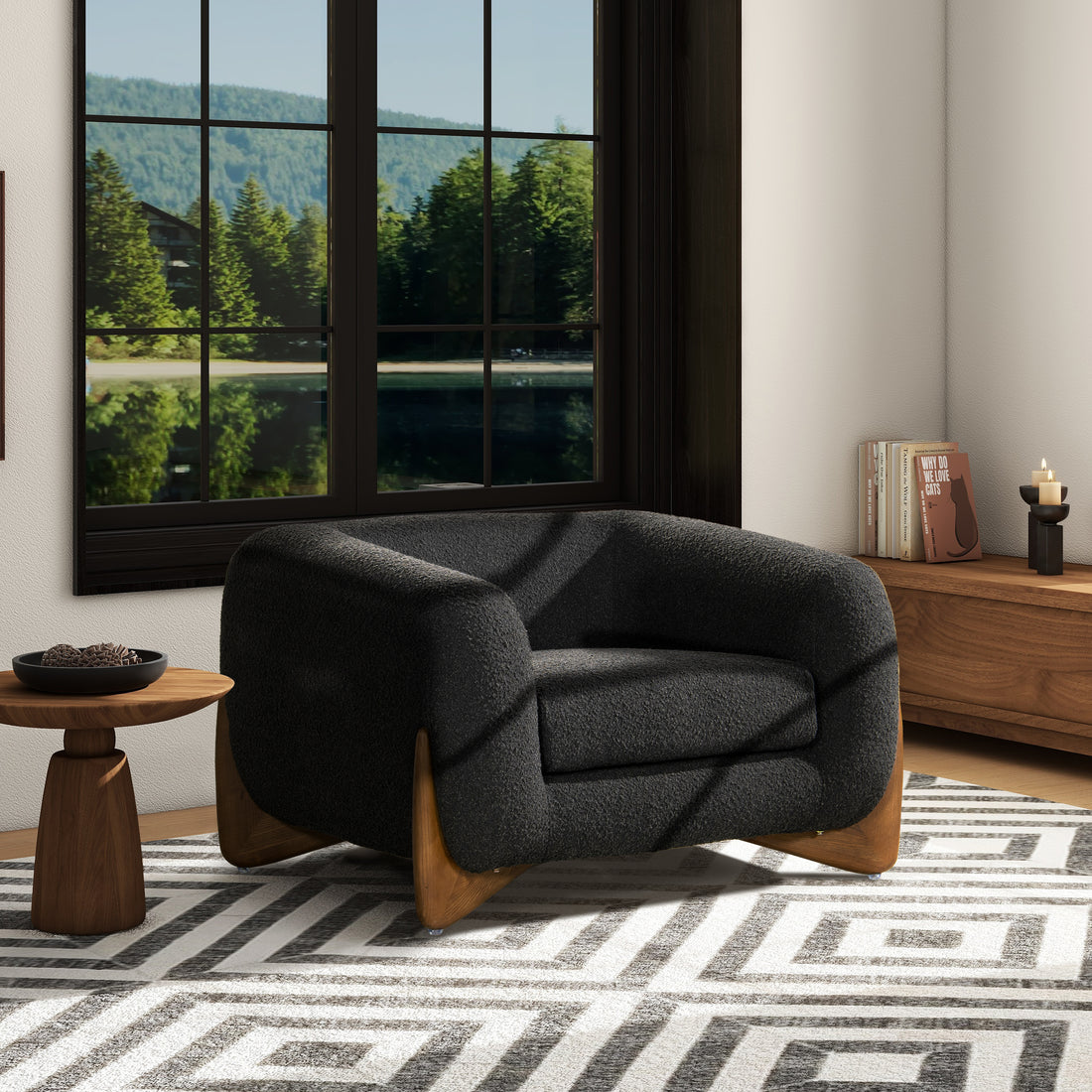 Alpine 44" Sherpa Arm Chair, Ebony Black Boucle Black Foam Boucle