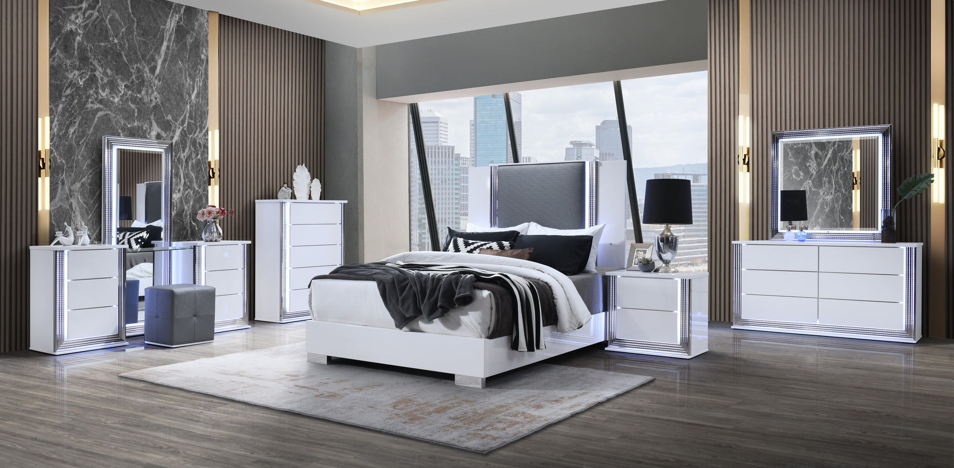 Moon Smooth White Mirror With Led White Solid Wood Mdf