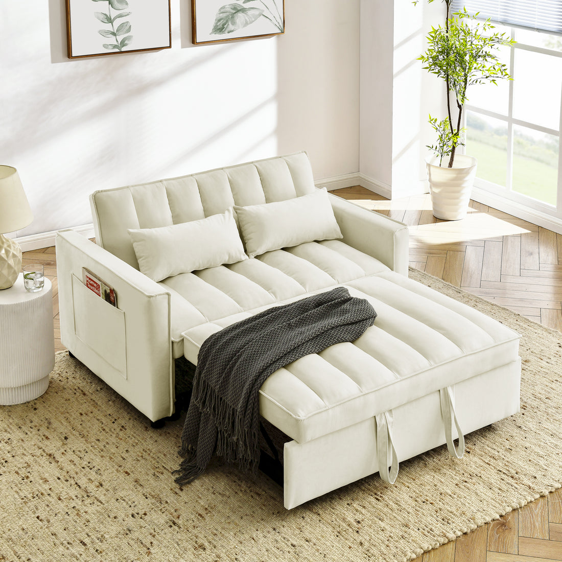 Modern Velvet Seat Sofa Couch Pull Out Bed,3 In One Convertible For Living Room Sofa Bed,Beige Beige Velvet Primary Living Space Cushion Back Medium Soft Medium Duty American Design Pillow Top Arms Foam Velvet 2 Seat