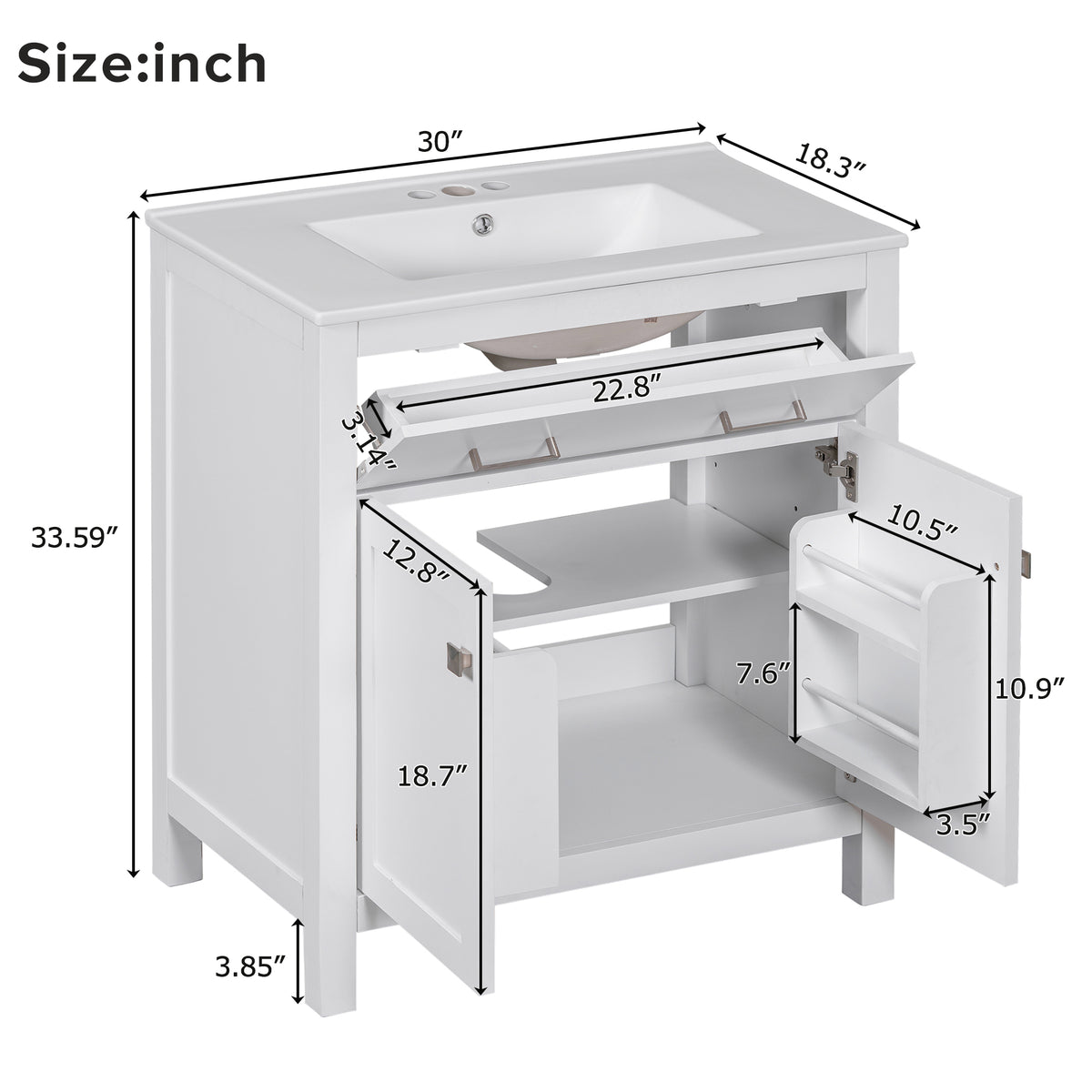30 Inch Bathroom Vanity With Ceramic Sink, Modern White Single Bathroom Cabinet With 2 Doors And A Shelf, Soft Close Doors White Bathroom Solid Wood Mdf