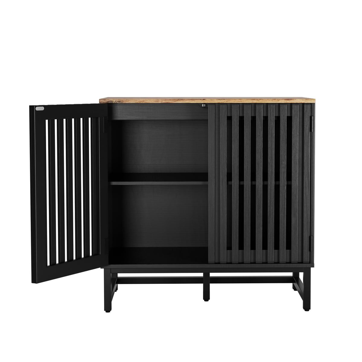 Cabinet With Slatted Grille Striped Door, Modern Style Cabinet, High Quality Mdf And Metal Leg Black Brown Mdf