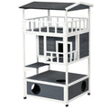 Pawhut Wooden Outdoor Cat House, Feral Cat Shelter Kitten Tree With Asphalt Roof, Escape Doors, Condo, Jumping Platform, Grey Grey Wood