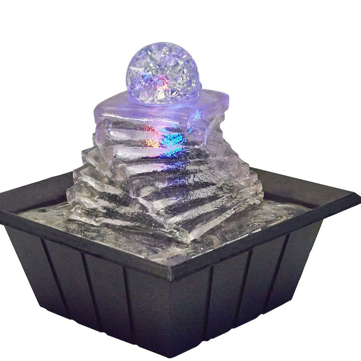 8" Tall Polyresin Indoor Fountain, Led Light And 1L Capacity, Spiral Ice Design Clear Polyresin