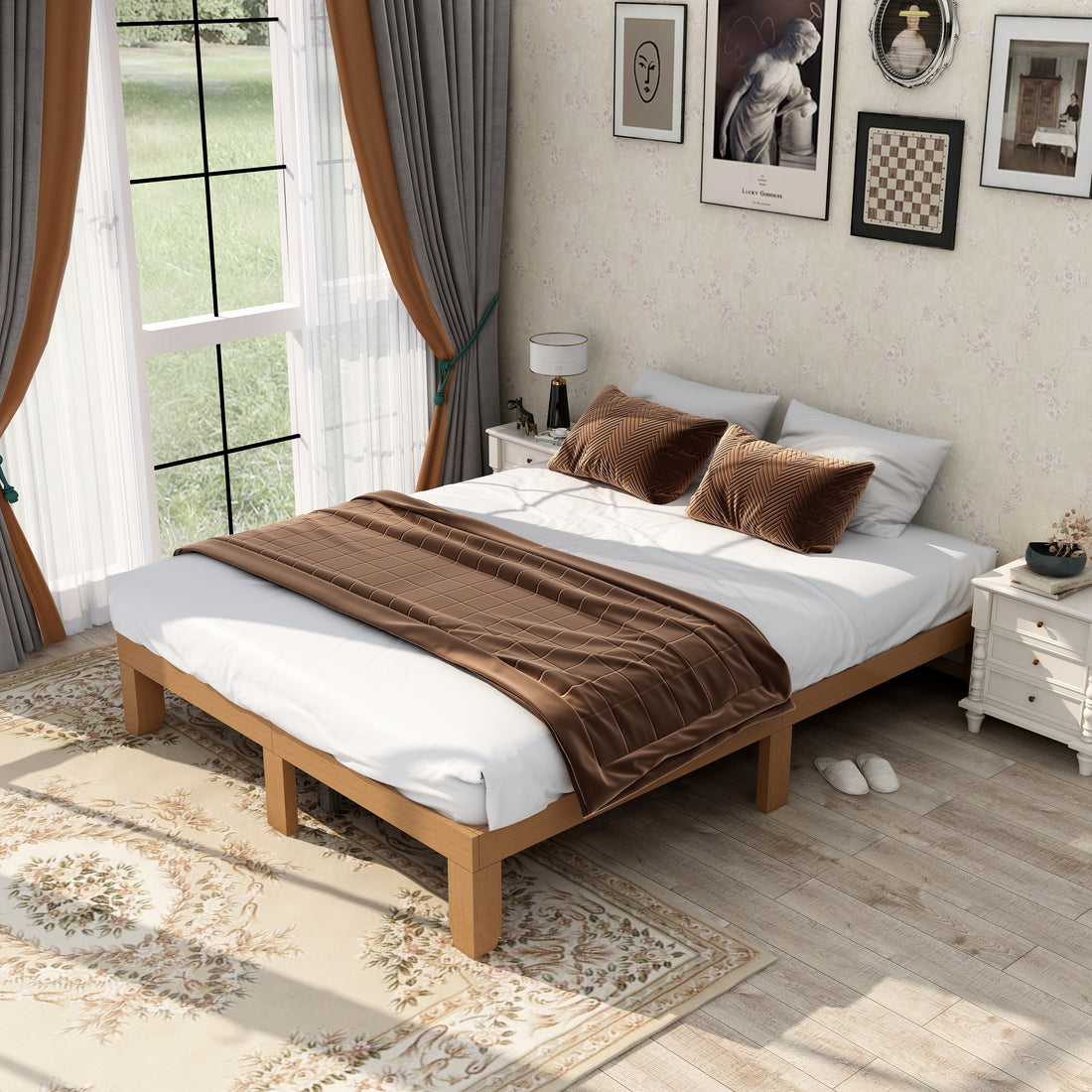 Queen Size Wood Platform Bed Frame,No Box Spring Needed,Strong Wood Slat Support, Easy Assembly Queen Brown White Rubber Wood