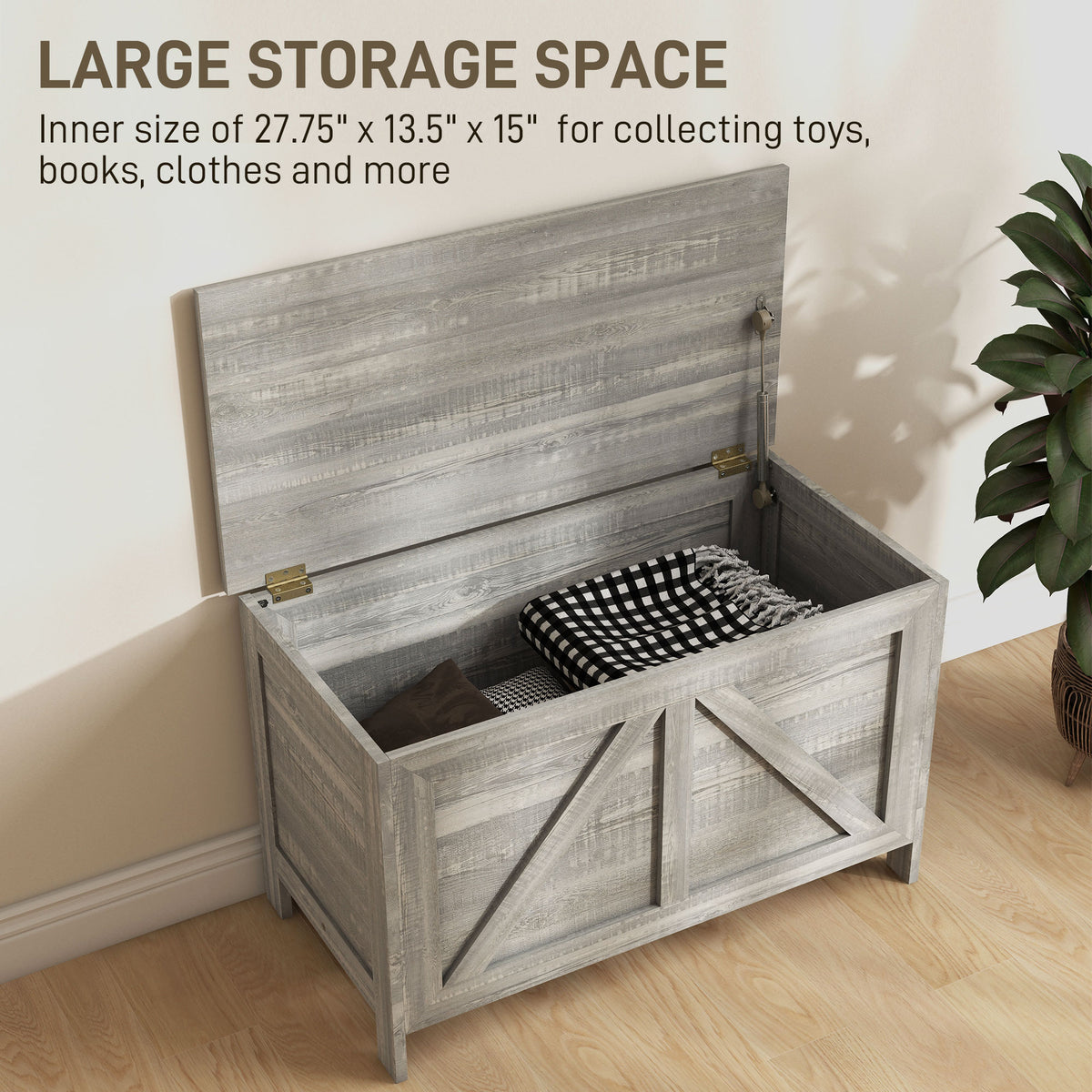 Homcom 30" Farmhouse Storage Chest, Lift Top Box Organizer With Safety Hinge To Open Up 100 For Bedroom, Entryway, Living Room, Gray Wood Grain Light Gray Particle Board