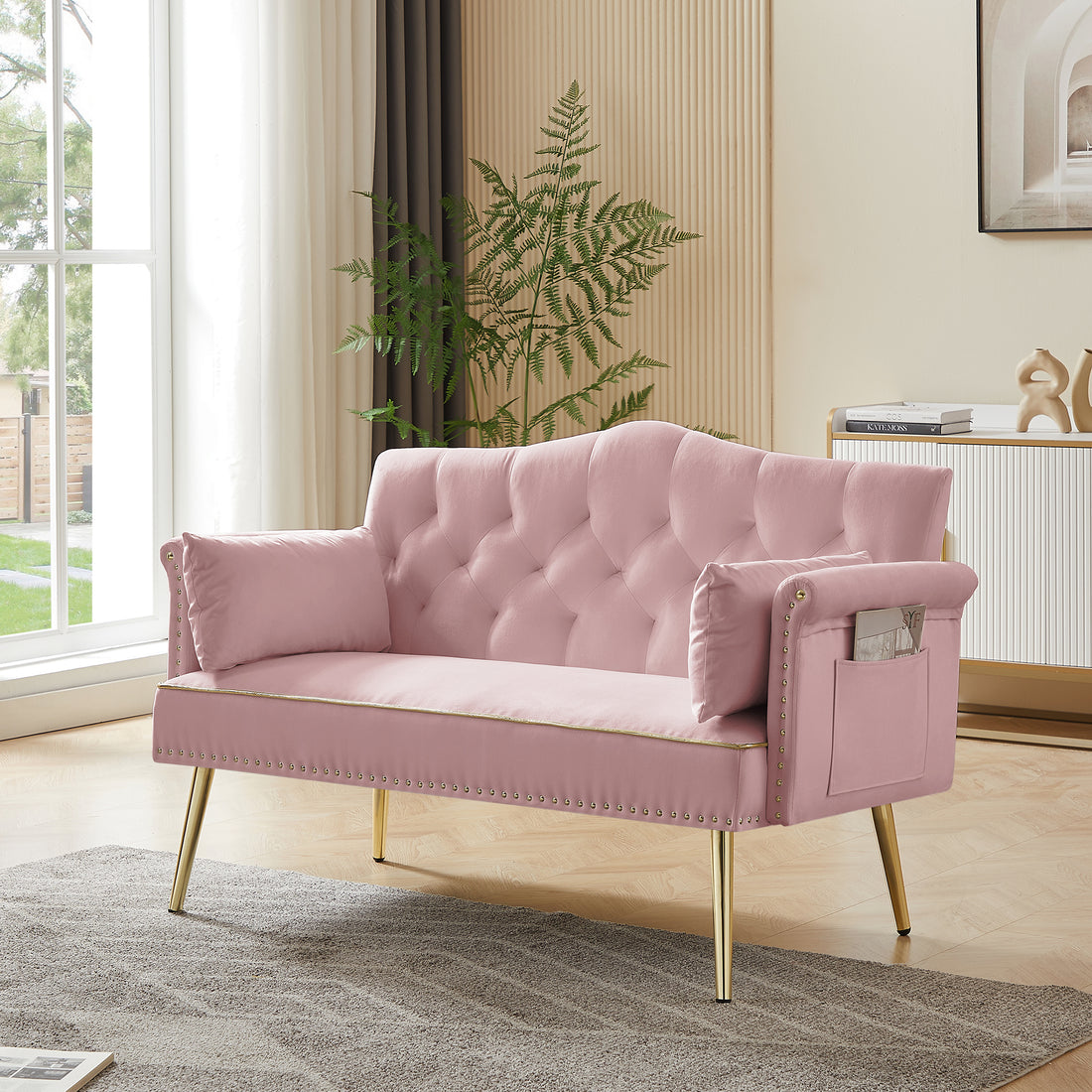 Pink 2 Seater Sofa Pink Wood Tufted Back Velvet 2 Seat