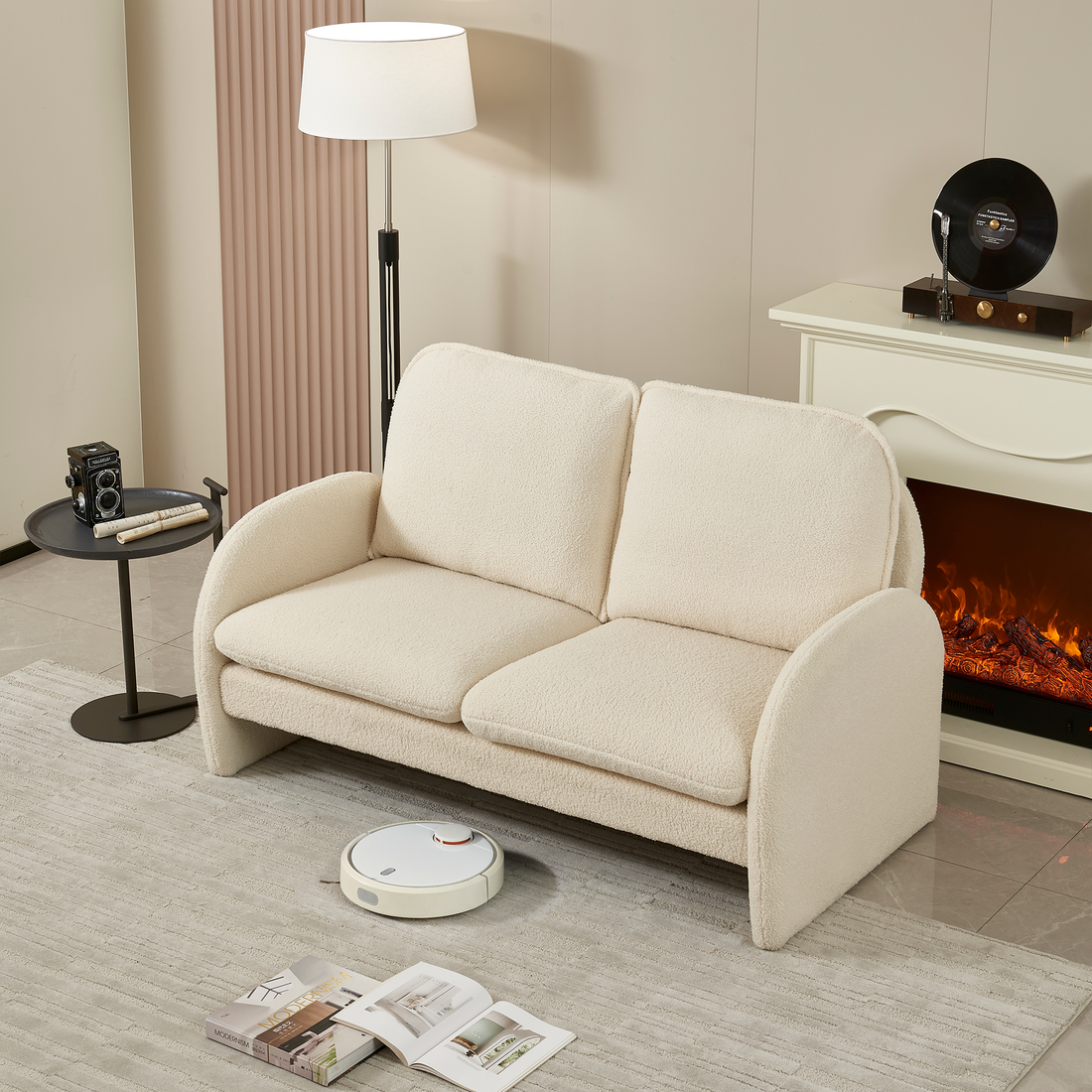 59" Loveseat Sofa Small Couch For Living Room, Sherpa Fabric Upholstered Loveseat Sofa Couch, Small Loveseat Sofa For Apartment, Bedroom Beige Foam Sherpa 2 Seat