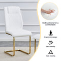 Table And Chair Set.Large Modern Rectangular Table With 0.4 Inch Patterned Glass Tabletop And Large Mdf Table Legs.Comes With 8 Chairs With Faux Leather Cushioned Seats And Golden Metal Legs. Gold White Seats 8 Mdf Glass