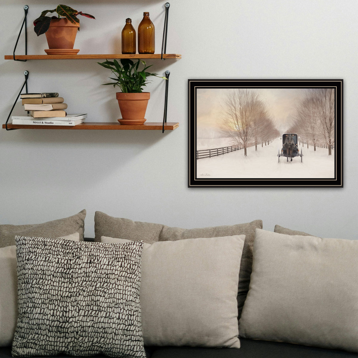 Snowy Amish Lane Black Framed Wall Art For Living Room, Bedroom Wall Art Print For Home Decor By Lori Deiter Multi Wood Paper