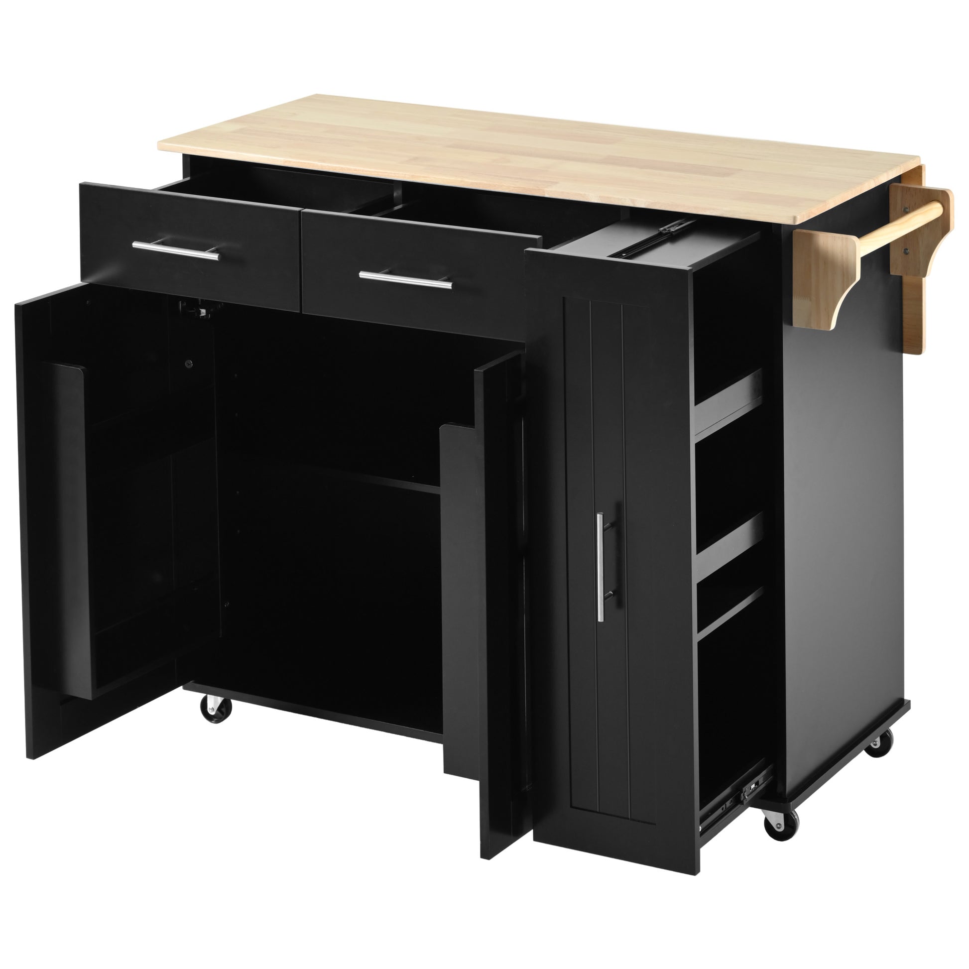 K&K Kitchen Island With Drop Leaf, Kitchen Storage Cart With 3 Tier Pull Out Cabinet Organizer, Internal Storage Rack, Rolling Kitchen Cart On Wheels With Towel Rack, 2 Drawers, For Kitchen, Black Black Brown Kitchen Classic,Farmhouse,Luxury,Modern